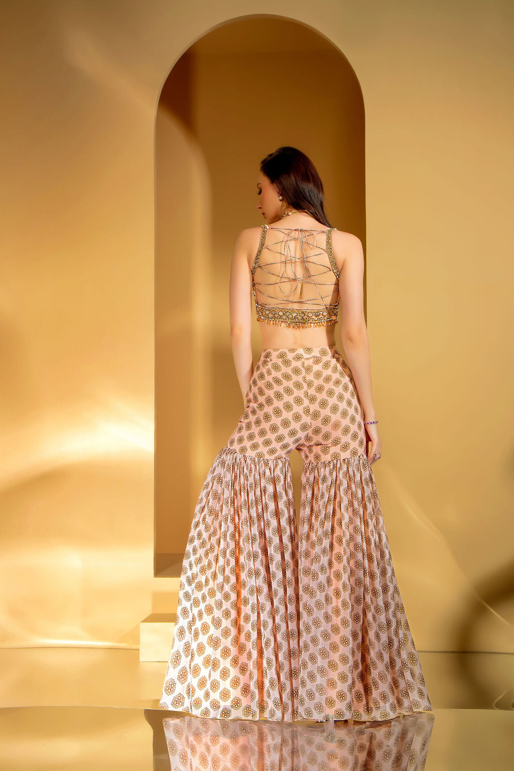 Printed Gharara with embroidered top and Jacket