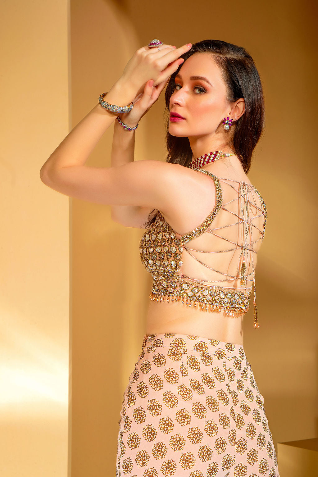Printed Gharara with embroidered top and Jacket