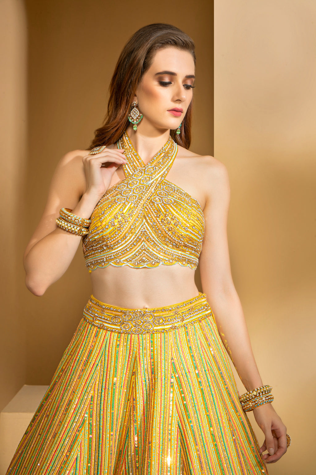 Halter neck embroidered top with Skirt and scarf
