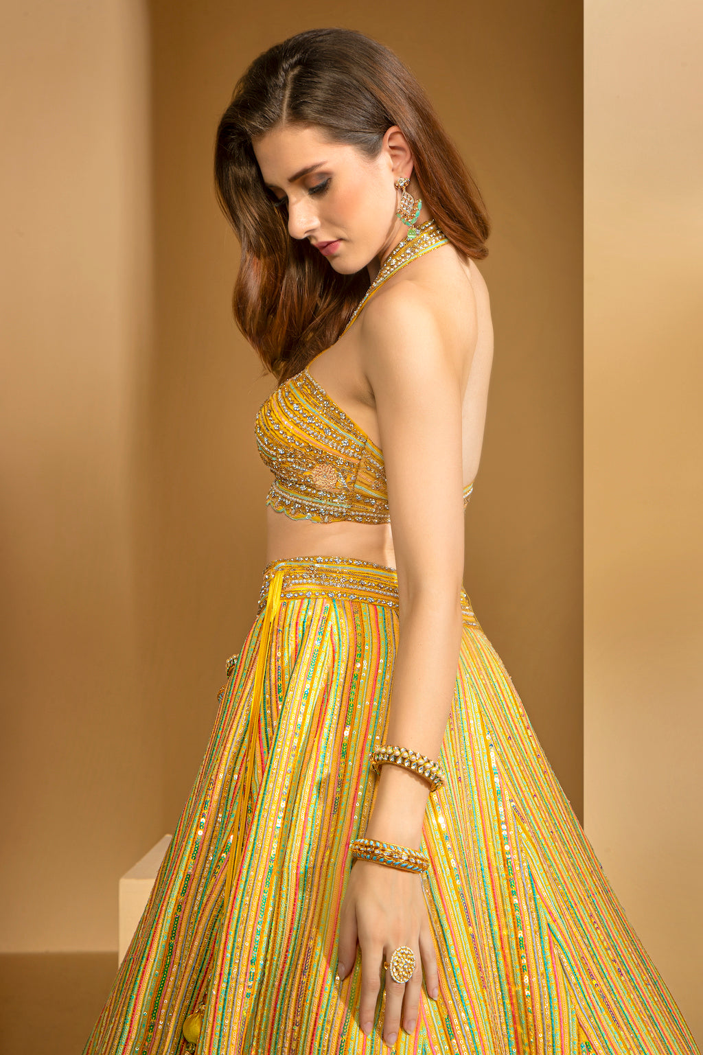 Halter neck embroidered top with Skirt and scarf