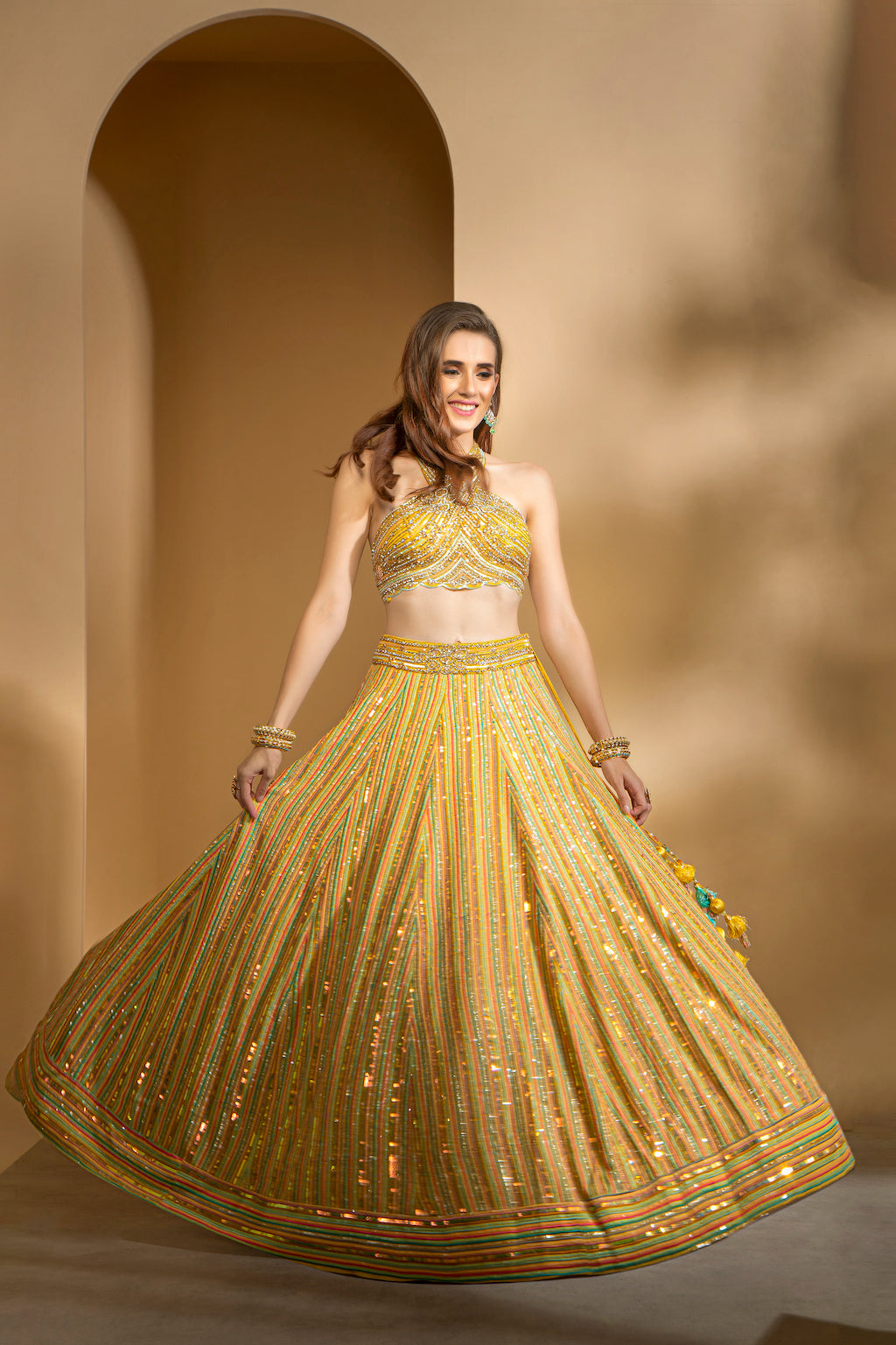 Halter neck embroidered top with Skirt and scarf