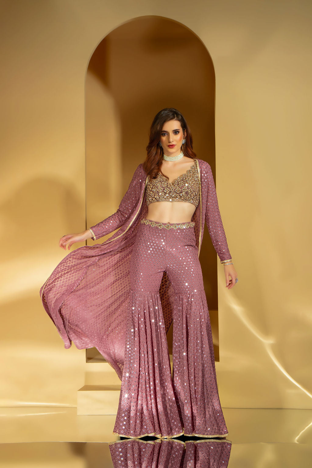 Gharara with embroidered top and matching Jacket