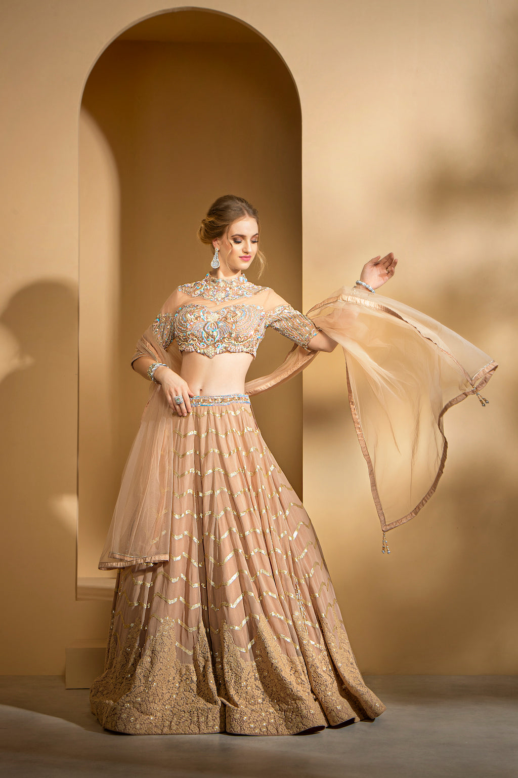 Golden Highneck top with skirt and scarf