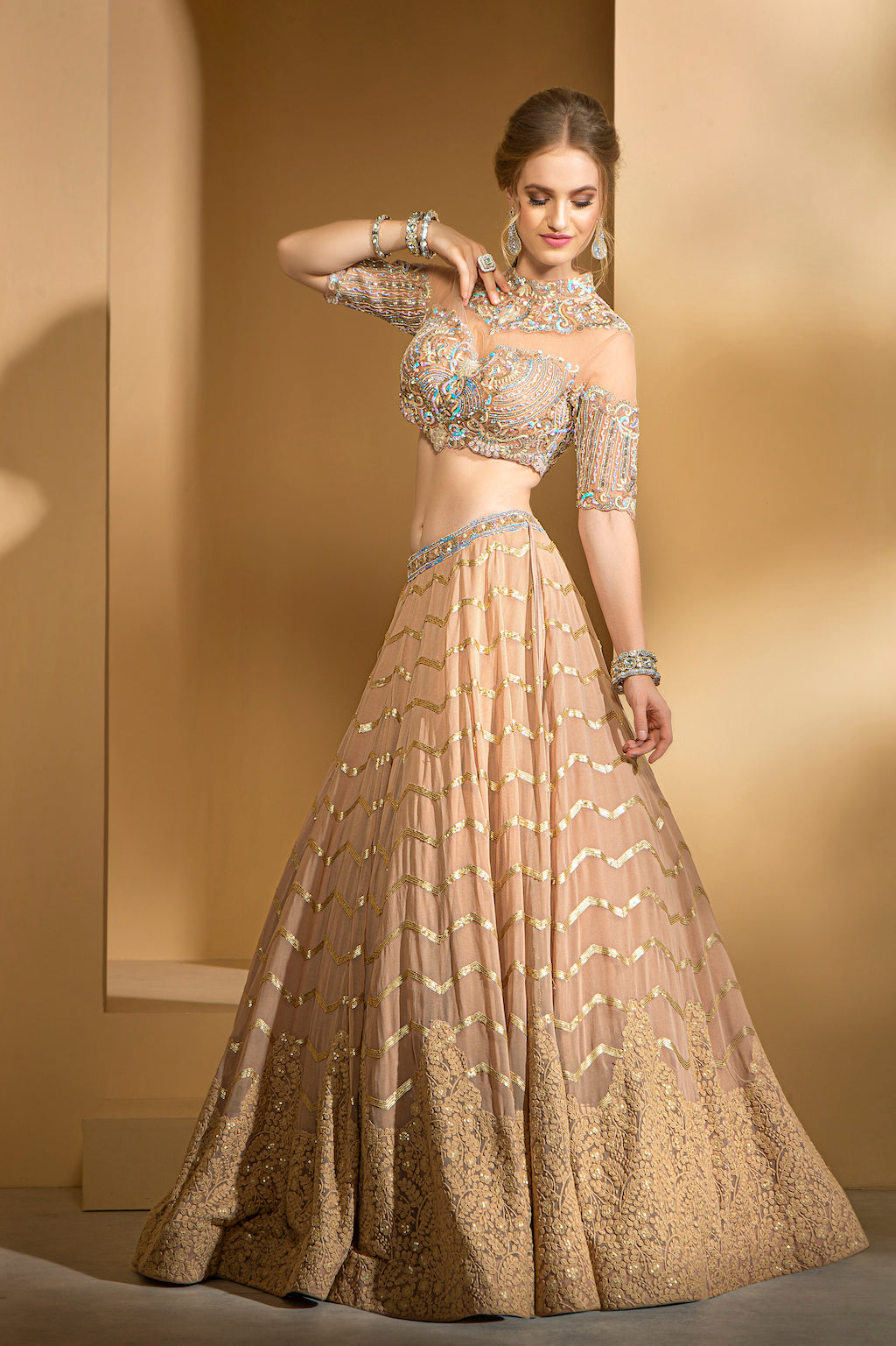 Golden Highneck top with skirt and scarf