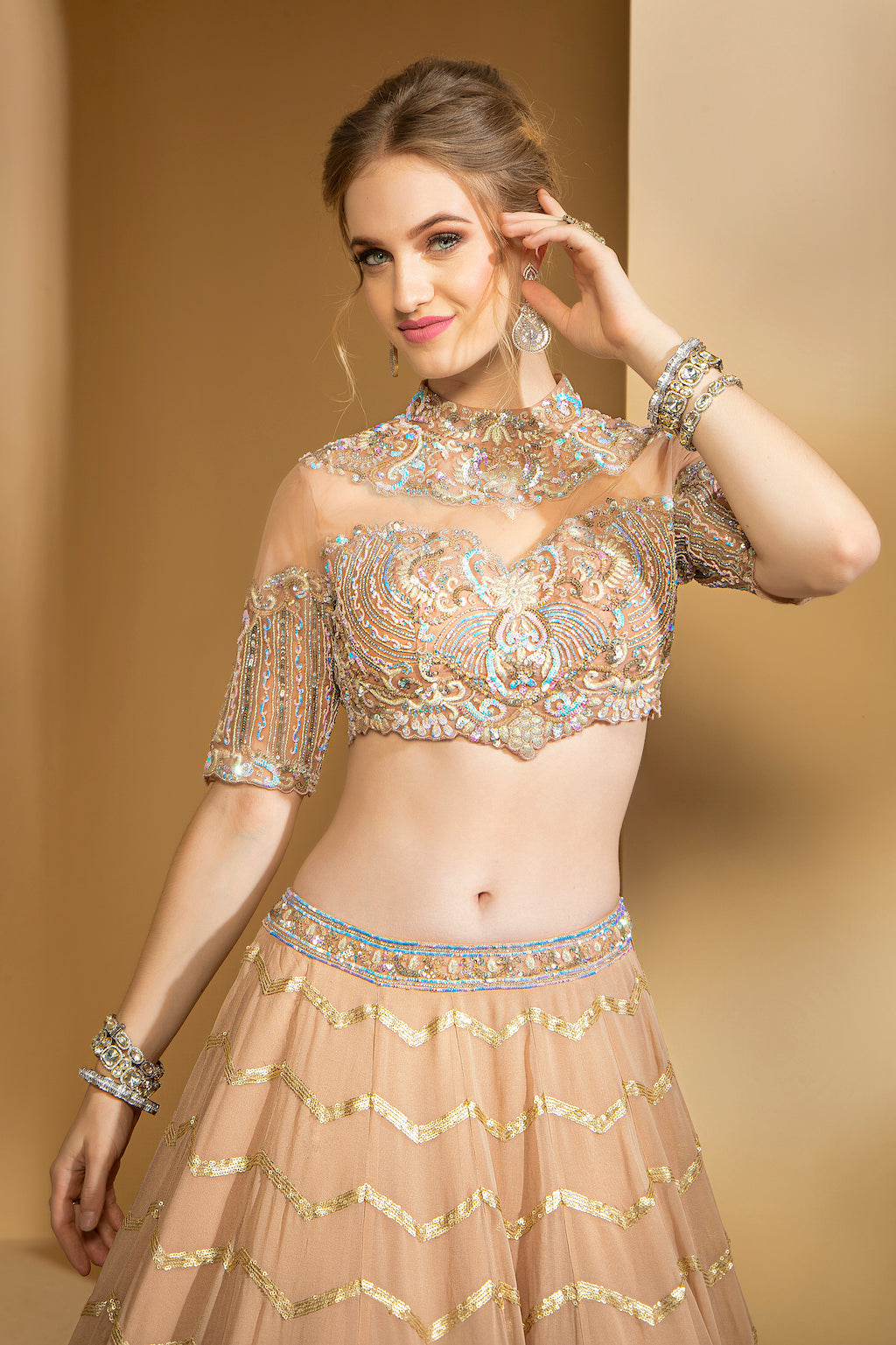 Golden Highneck top with skirt and scarf