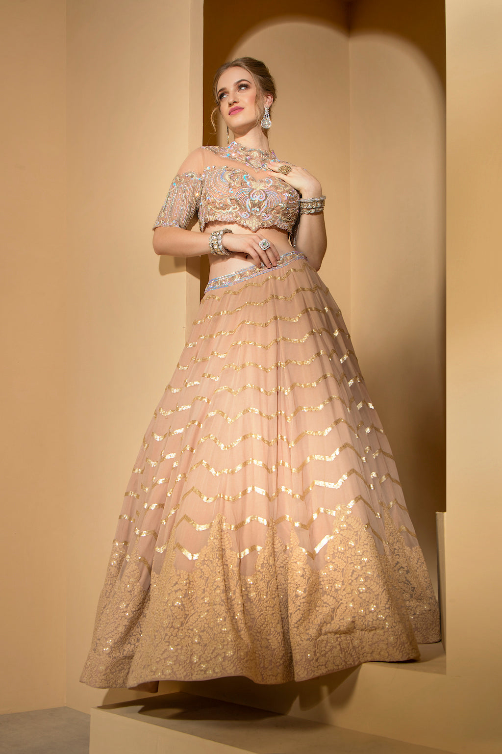 Golden Highneck top with skirt and scarf