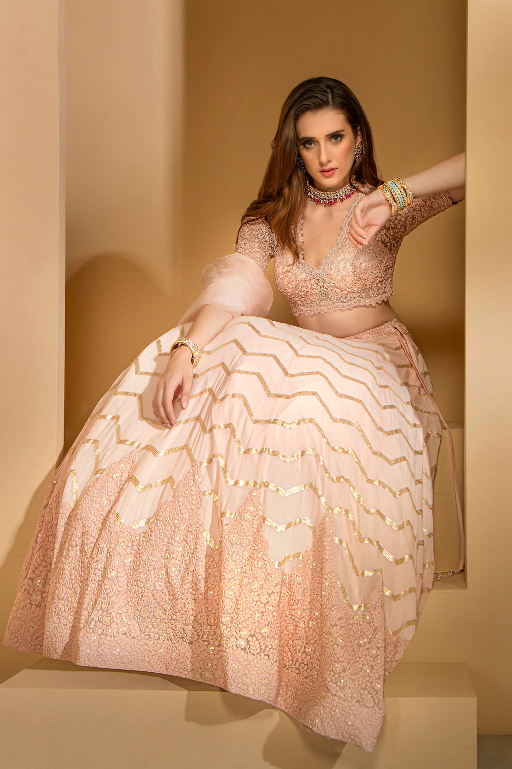 Pink Embroidered top with skirt and scarf