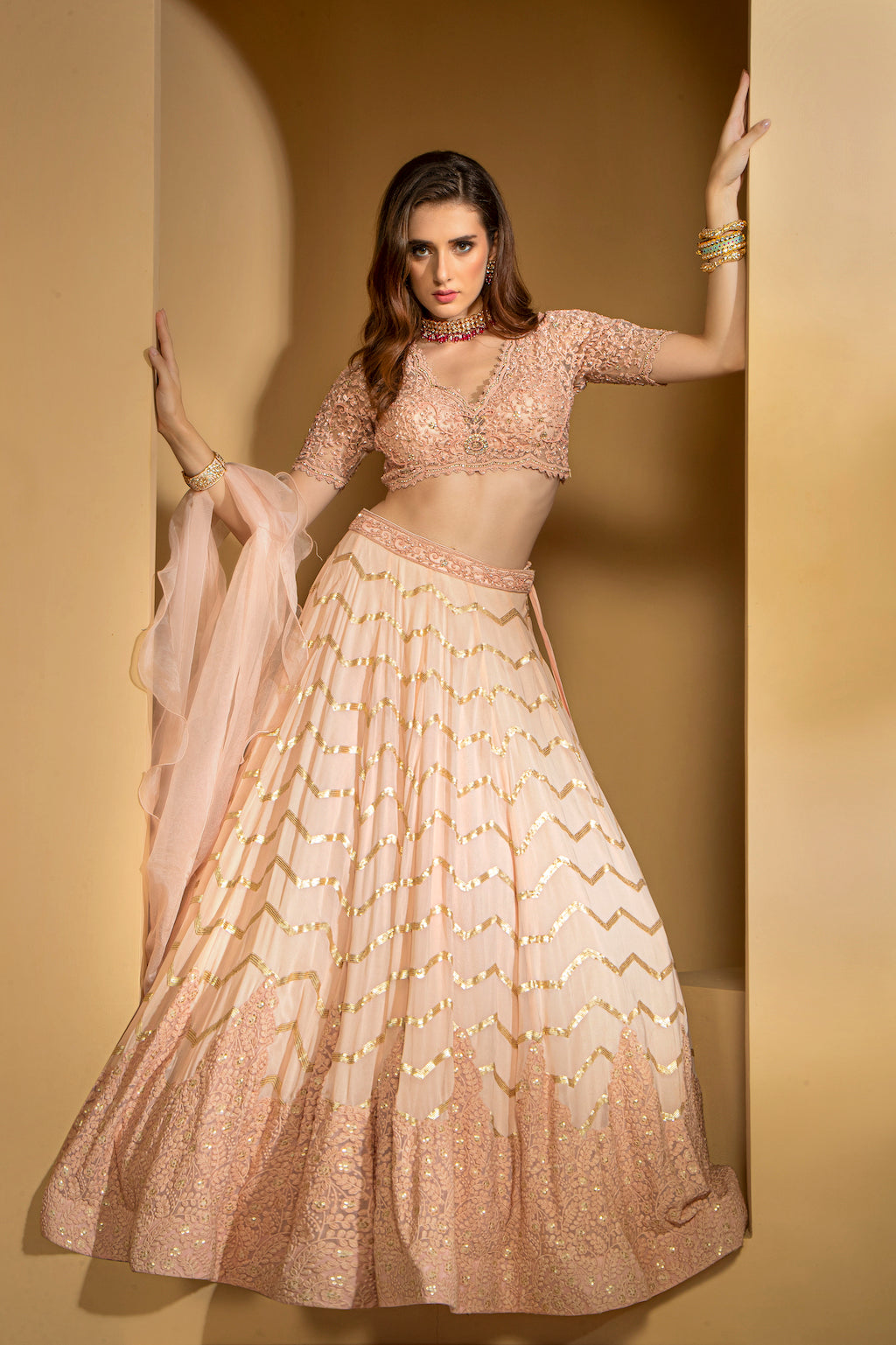 Pink Embroidered top with skirt and scarf