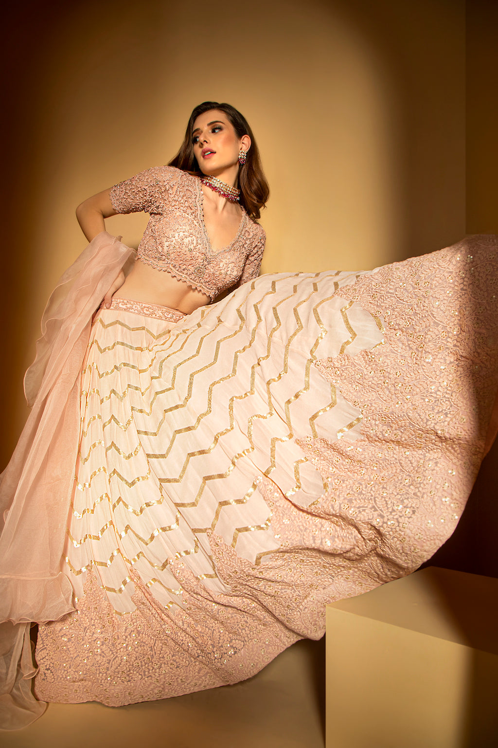 Pink Embroidered top with skirt and scarf