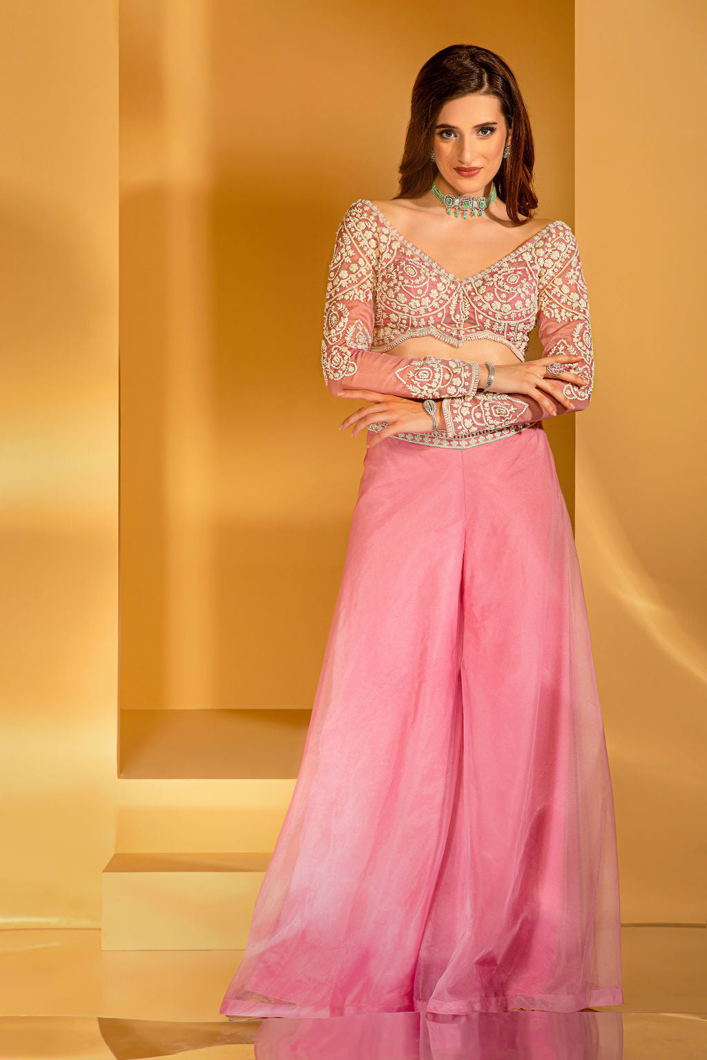 Pink Palazzo with embroidered top with jacket