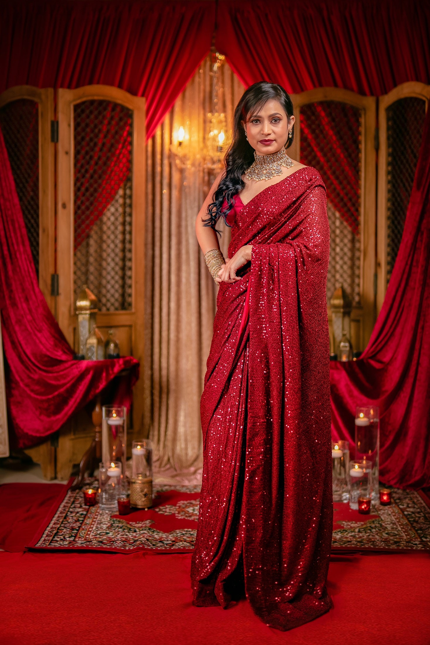 Blood Red Shimmer Sequins Saree