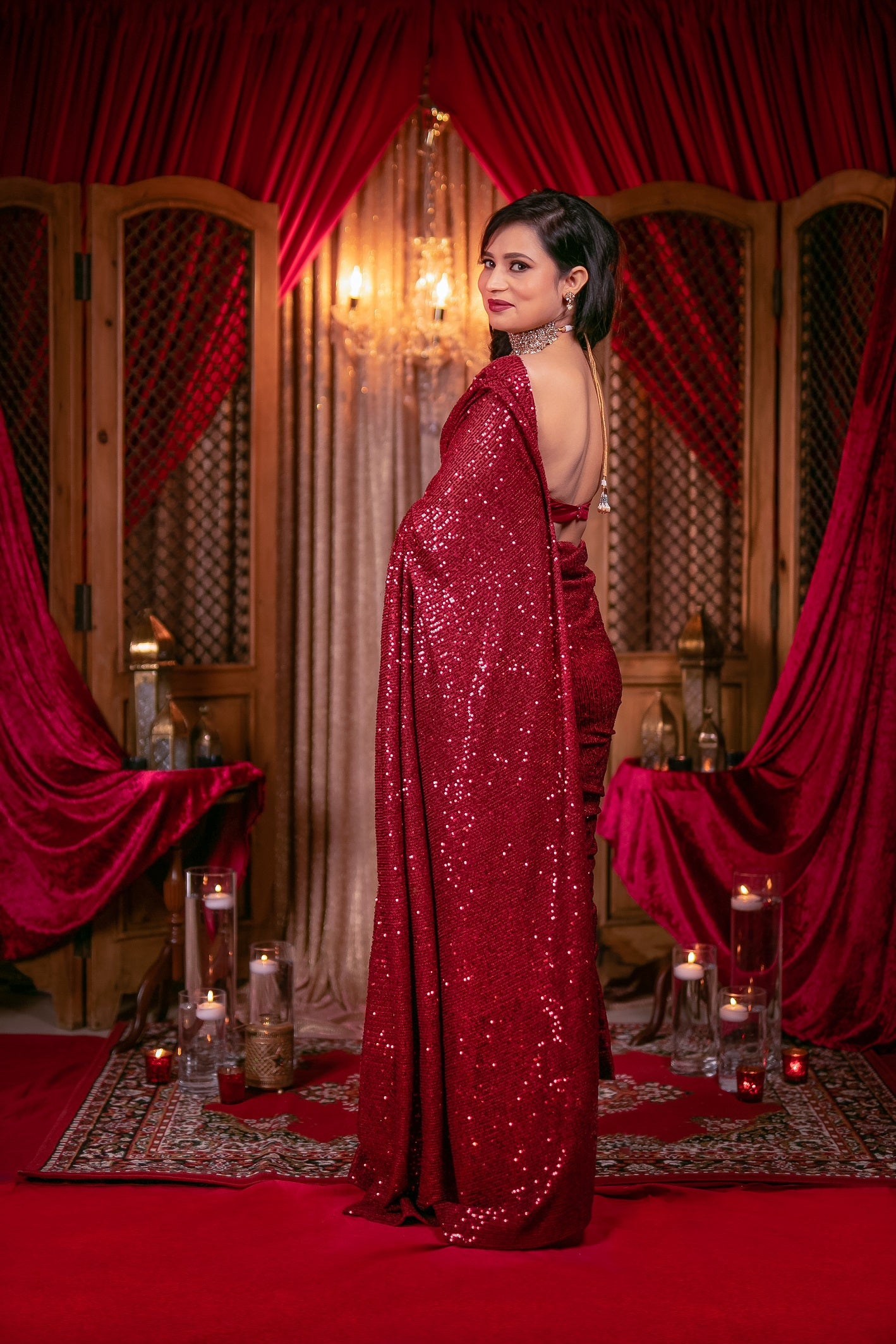 Blood Red Shimmer Sequins Saree