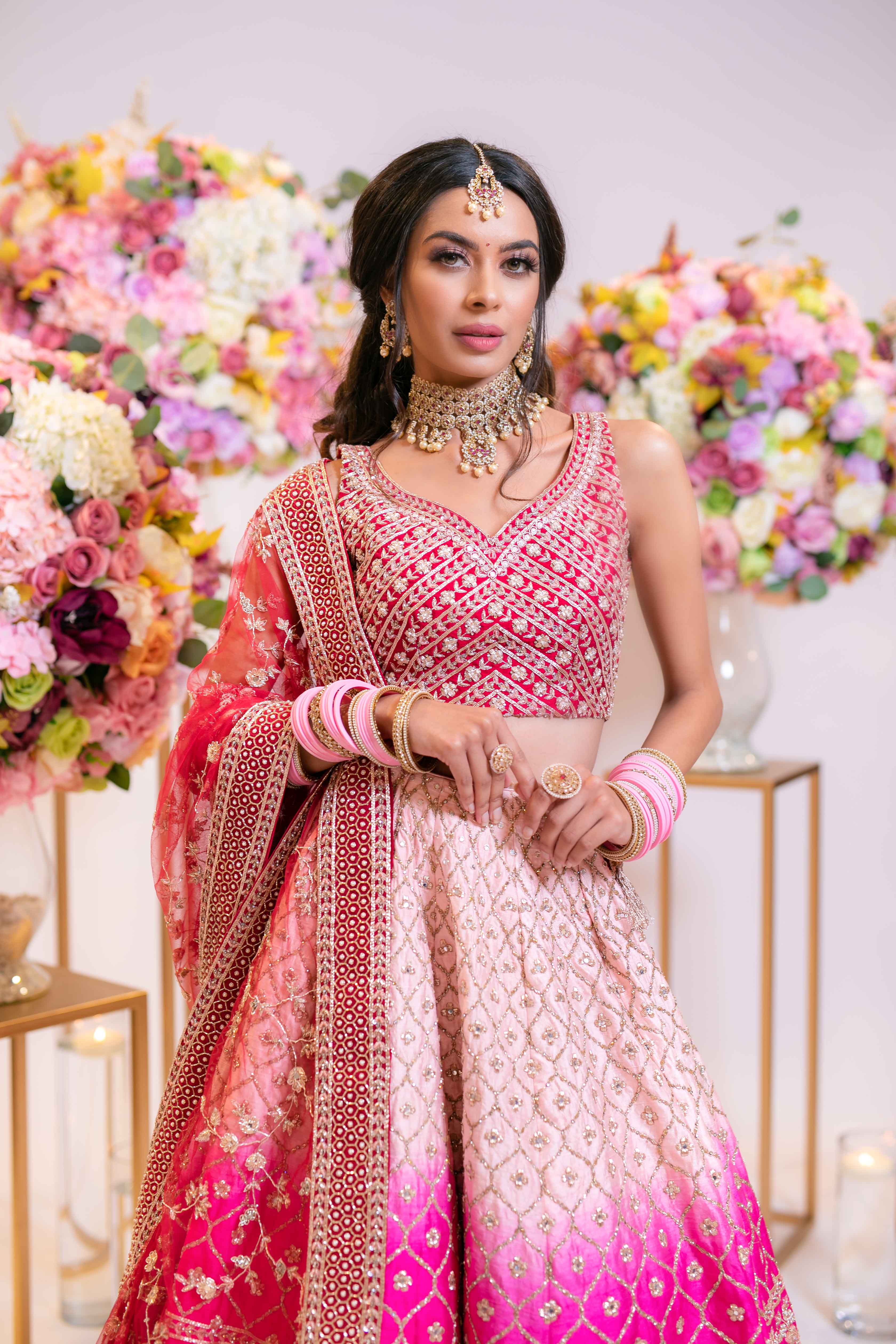 Bridal Ombre baby pink to hot pink to red Lehenga: Zoom