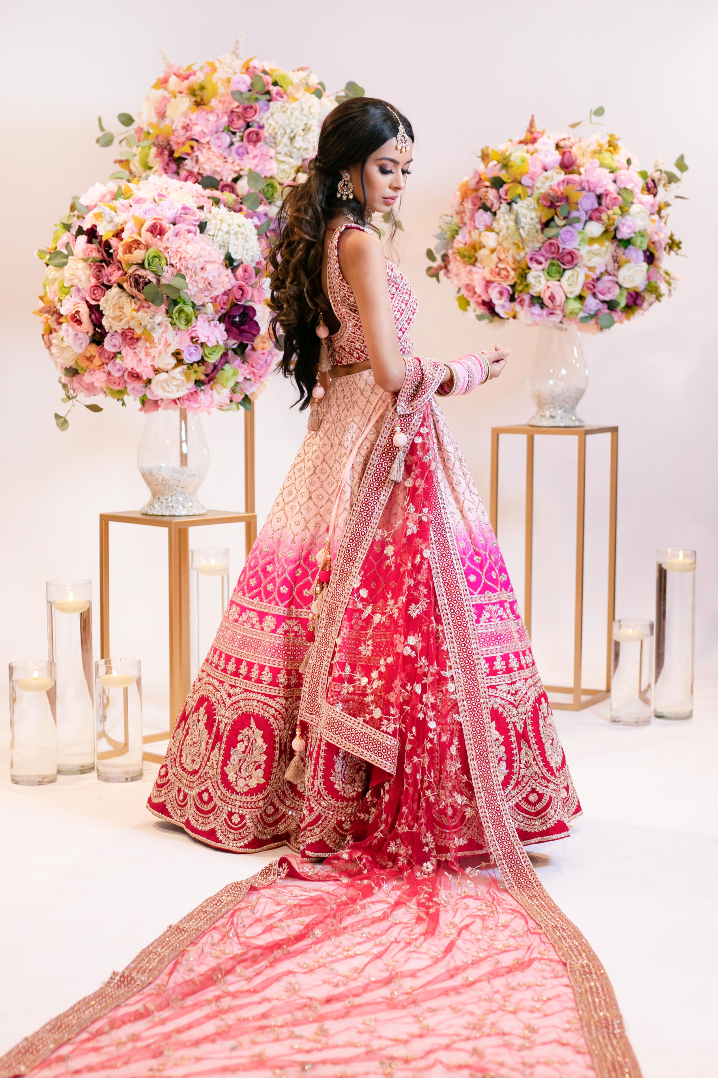 Bridal Ombre baby pink to hot pink to red Lehenga: dupatta