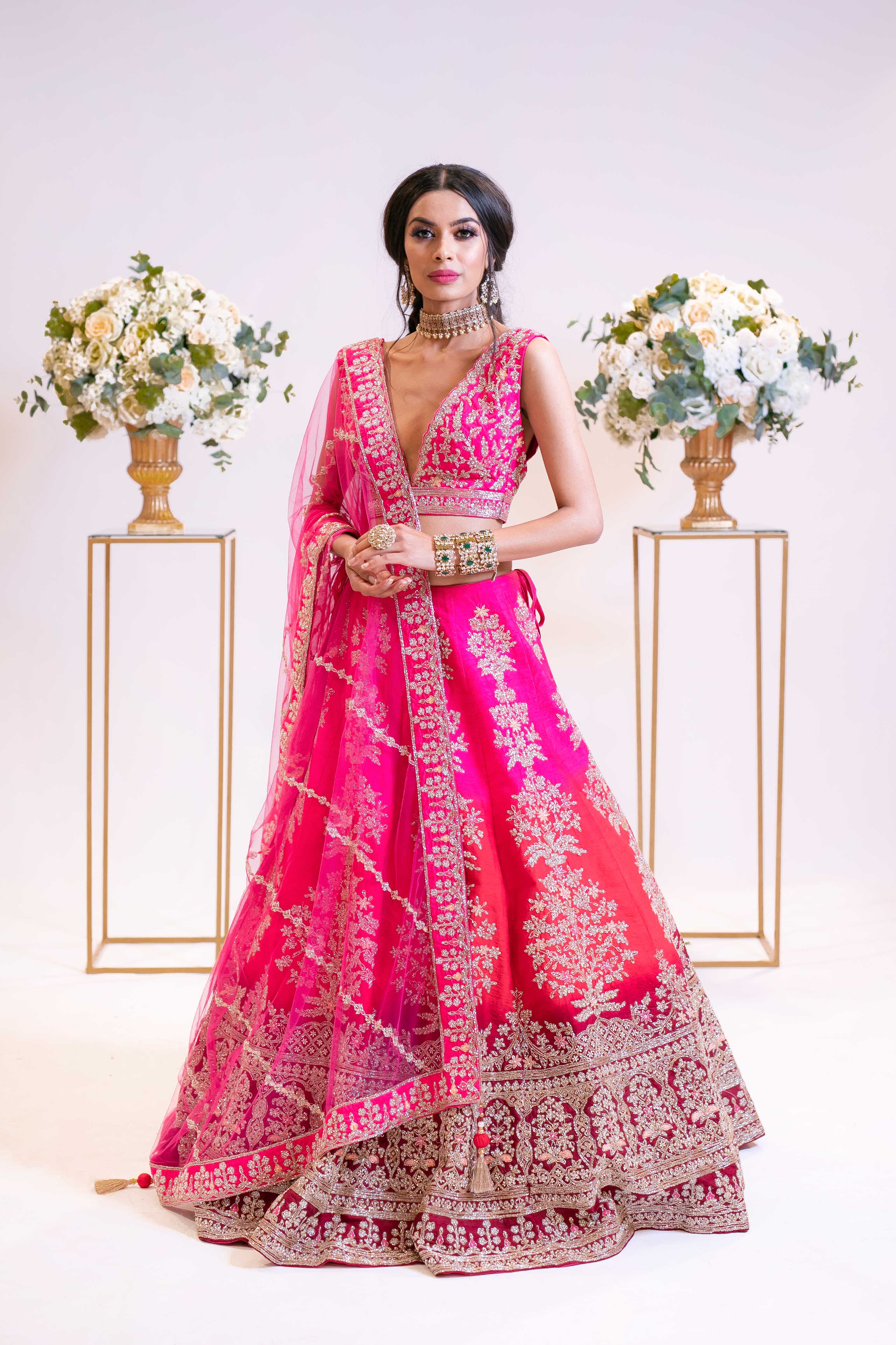 Ombre Bridal Lehenga in Hot Pink to Red Tone