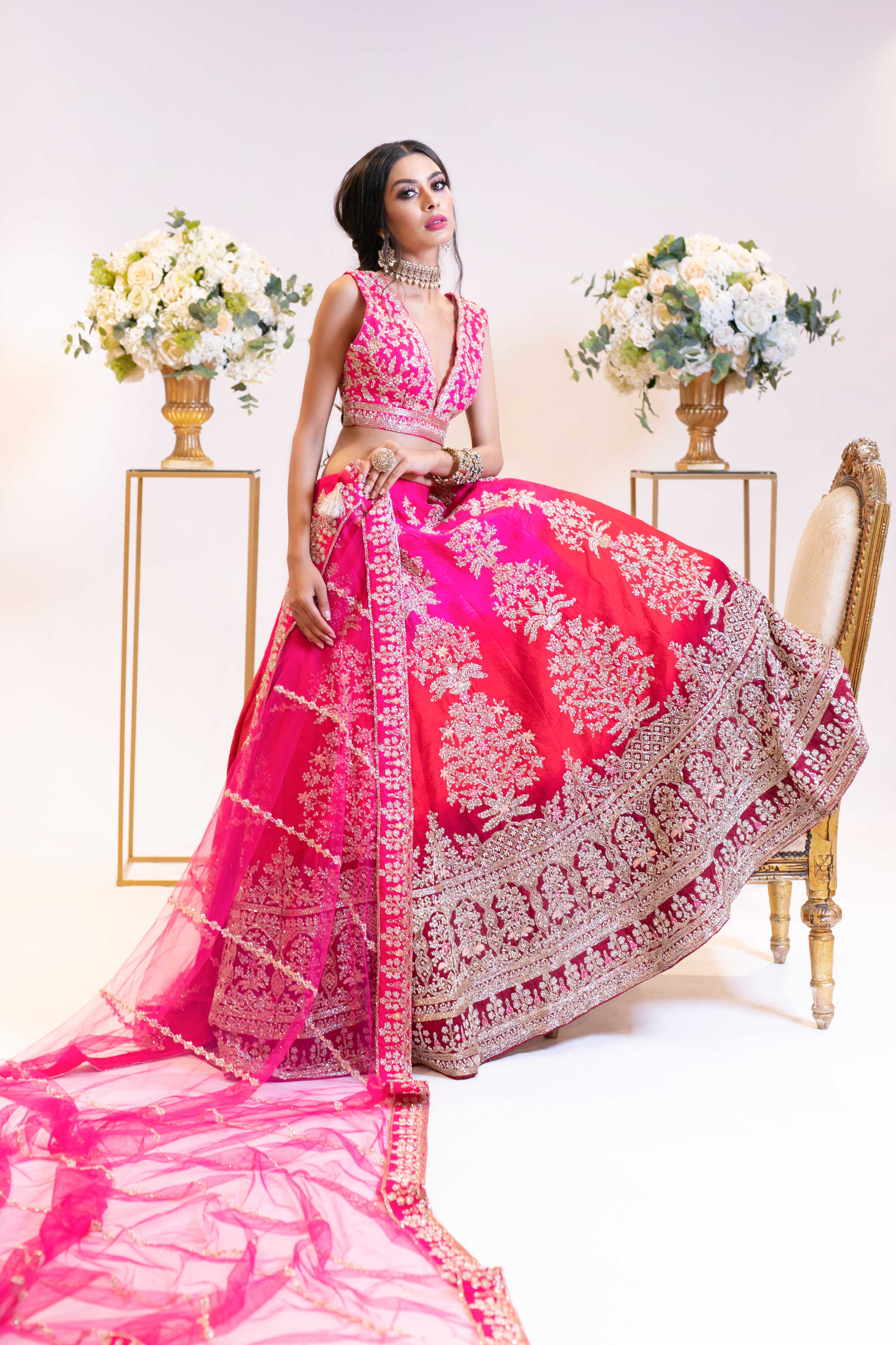 Ombre Bridal Lehenga in Hot Pink to Red Tone