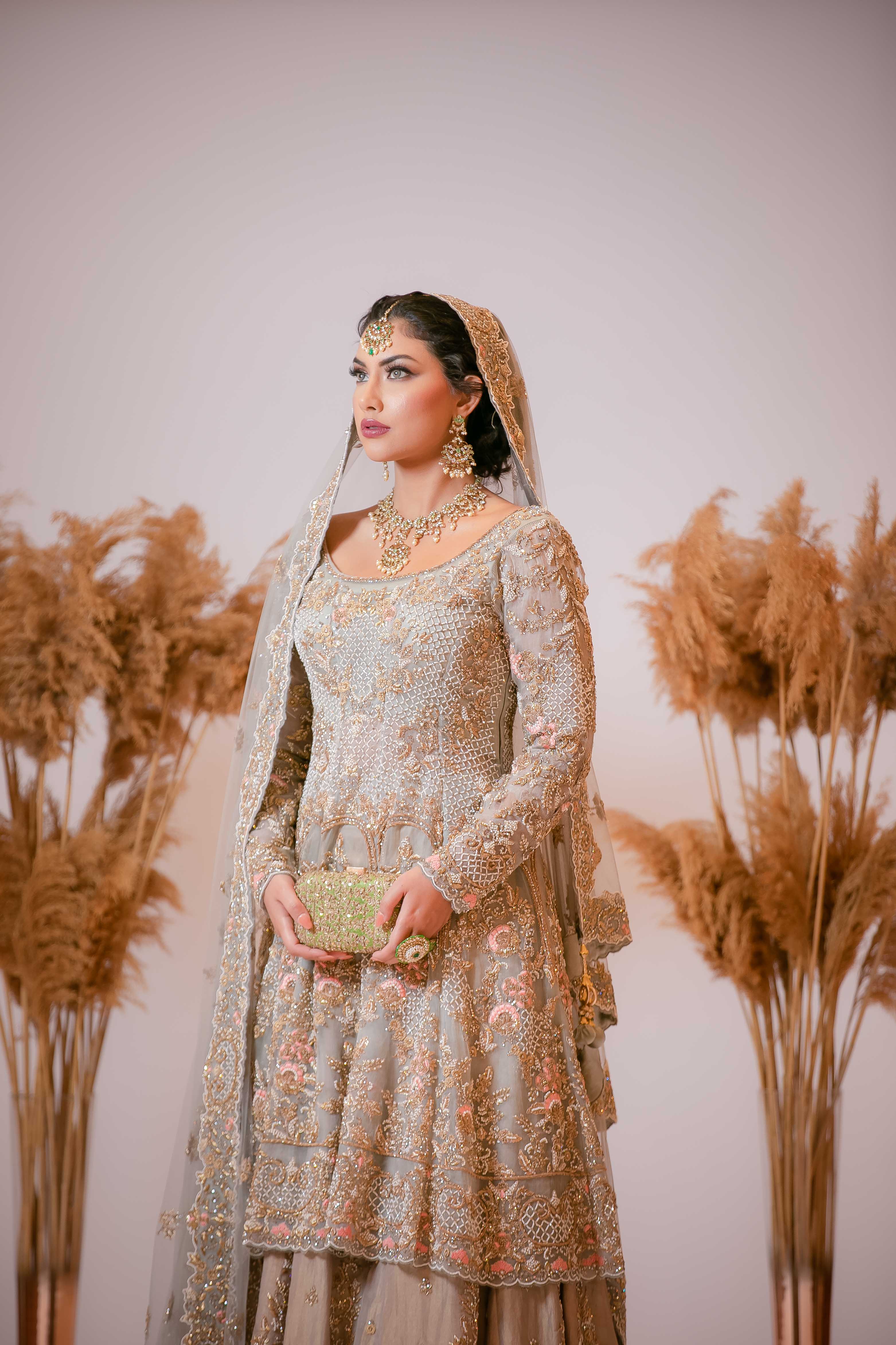 Bridal Grey organza peplum with Tissue silk skirt