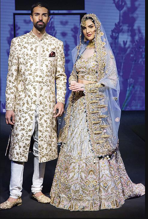 Grey Bridal lehenga and contrast Ivory sherwani Mongas