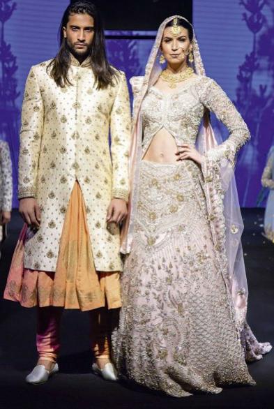 Baby Pink Bridal lehenga with matching Ivory sherwani and choga