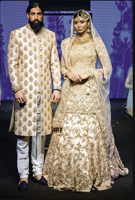 Bridal kameez and lehenga with trail and Sabya Style Grooms matching sherwani