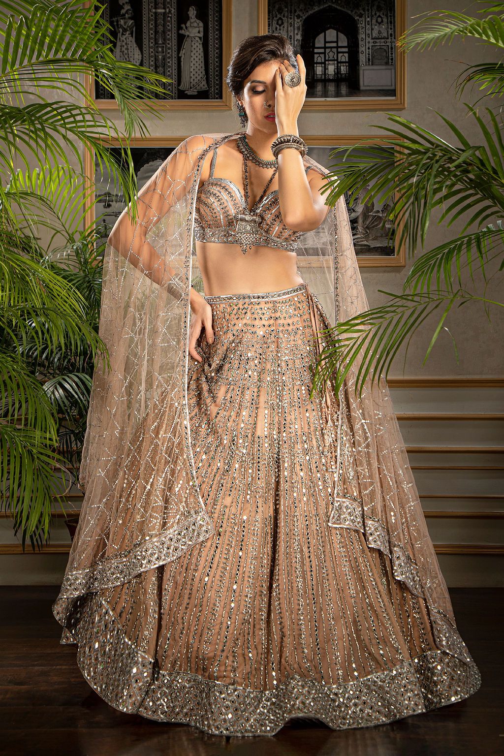 Nude Heavily Mirror Embroidered Lehenga
