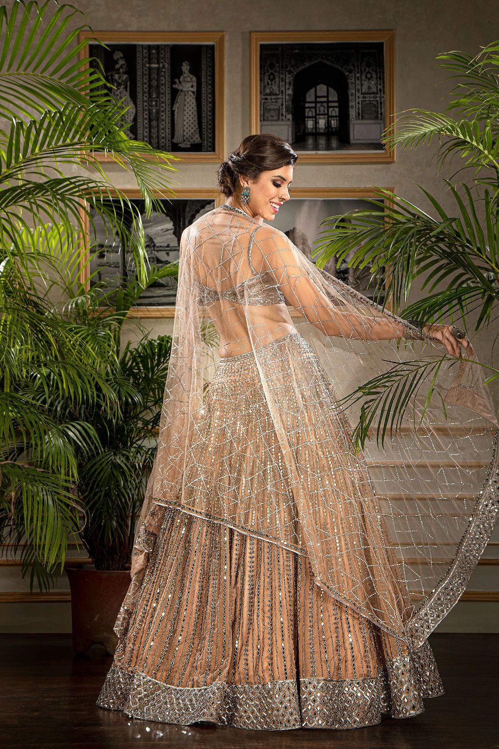 Nude Heavily Mirror Embroidered Lehenga