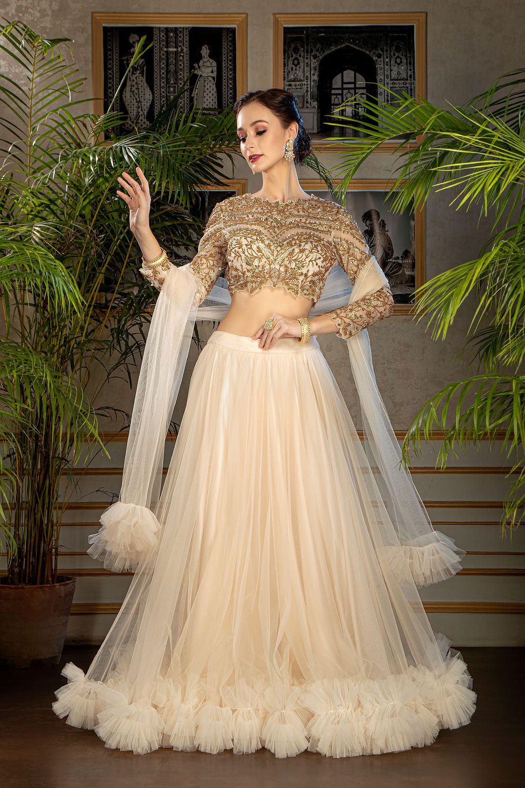Cream Embroidered Top with ruffle Skirt