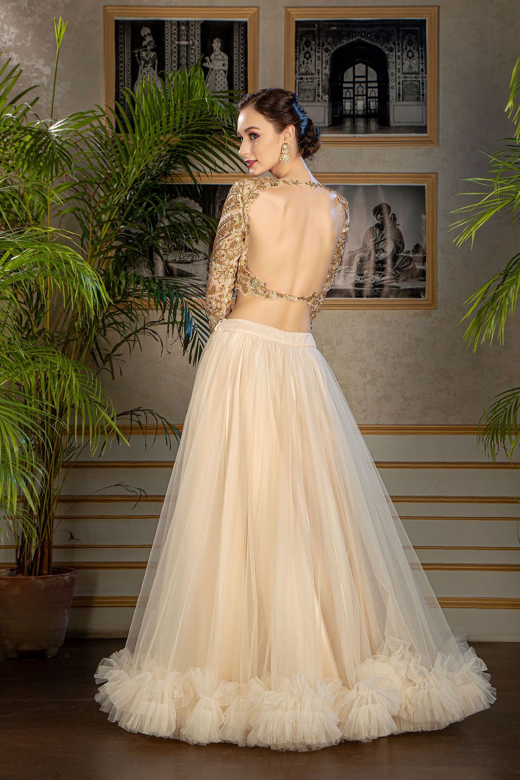 Cream Embroidered Top with ruffle Skirt