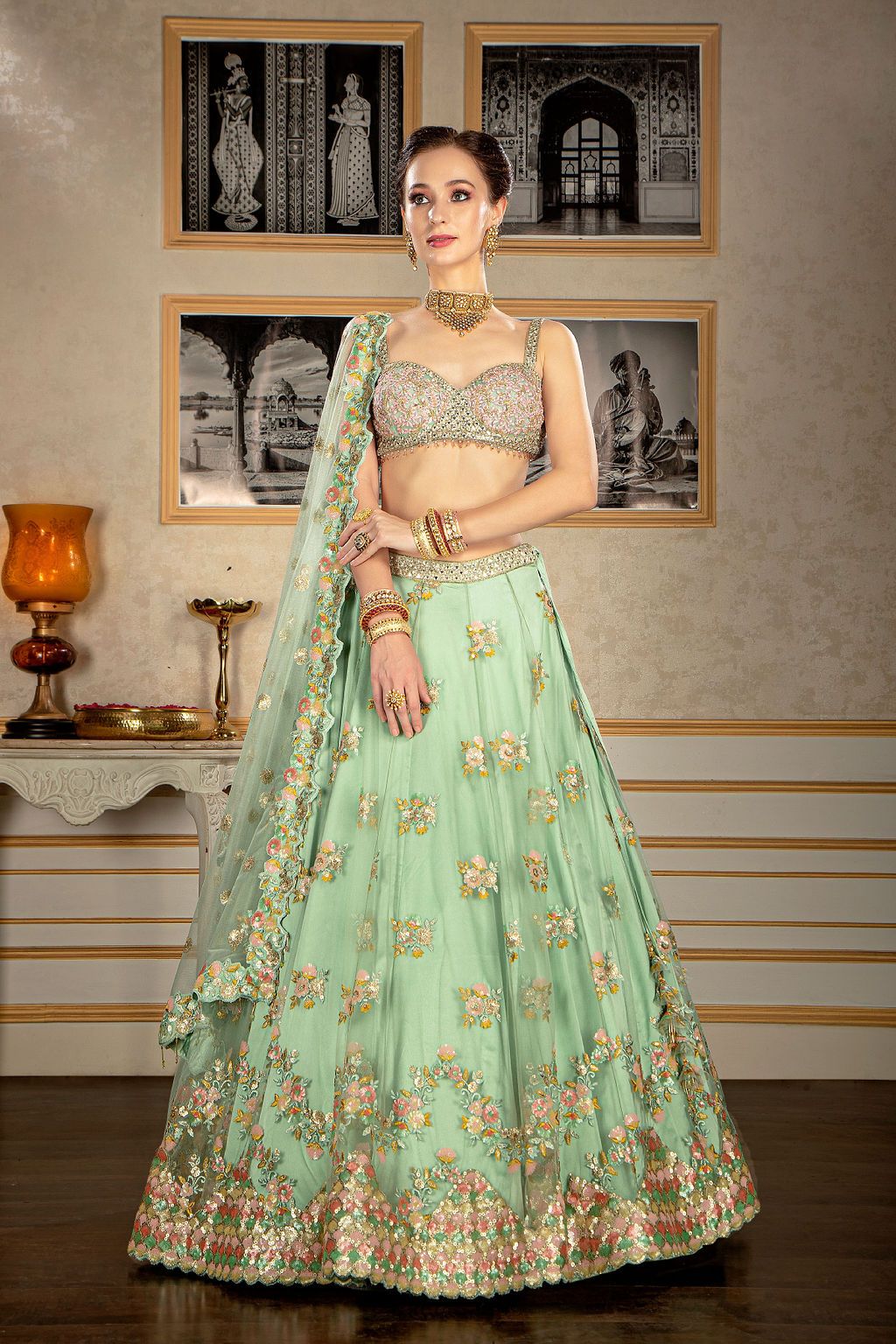 Mint embroidered Lehehnga with stylish embroidered top