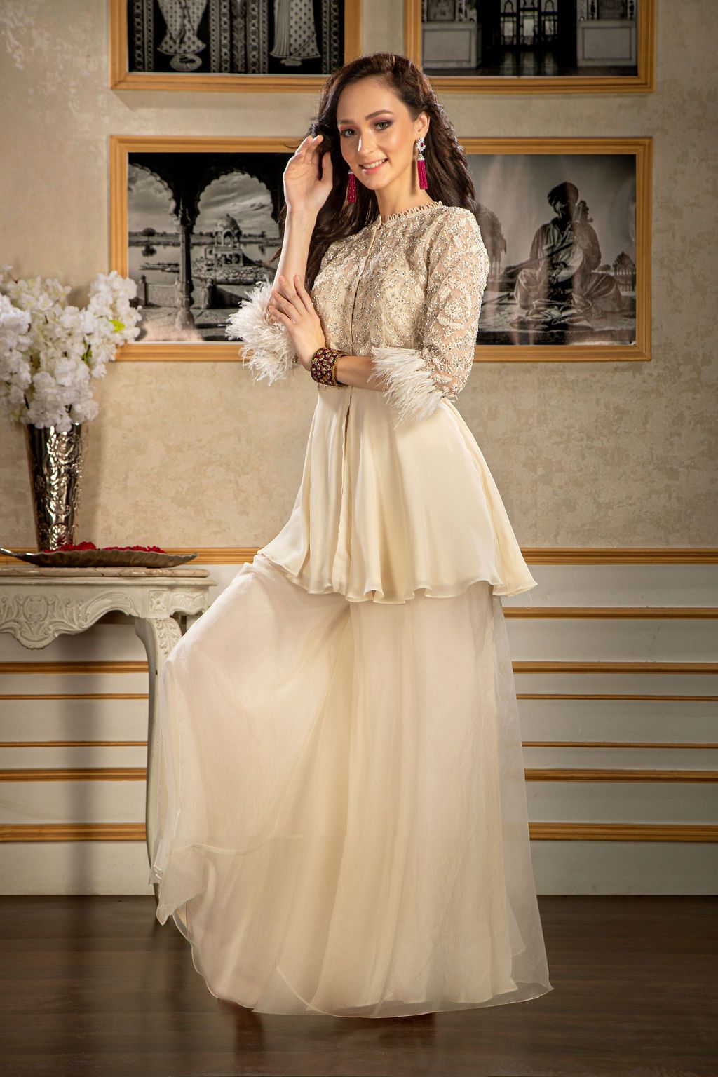 Ivory embroidered Peplum with Plazo