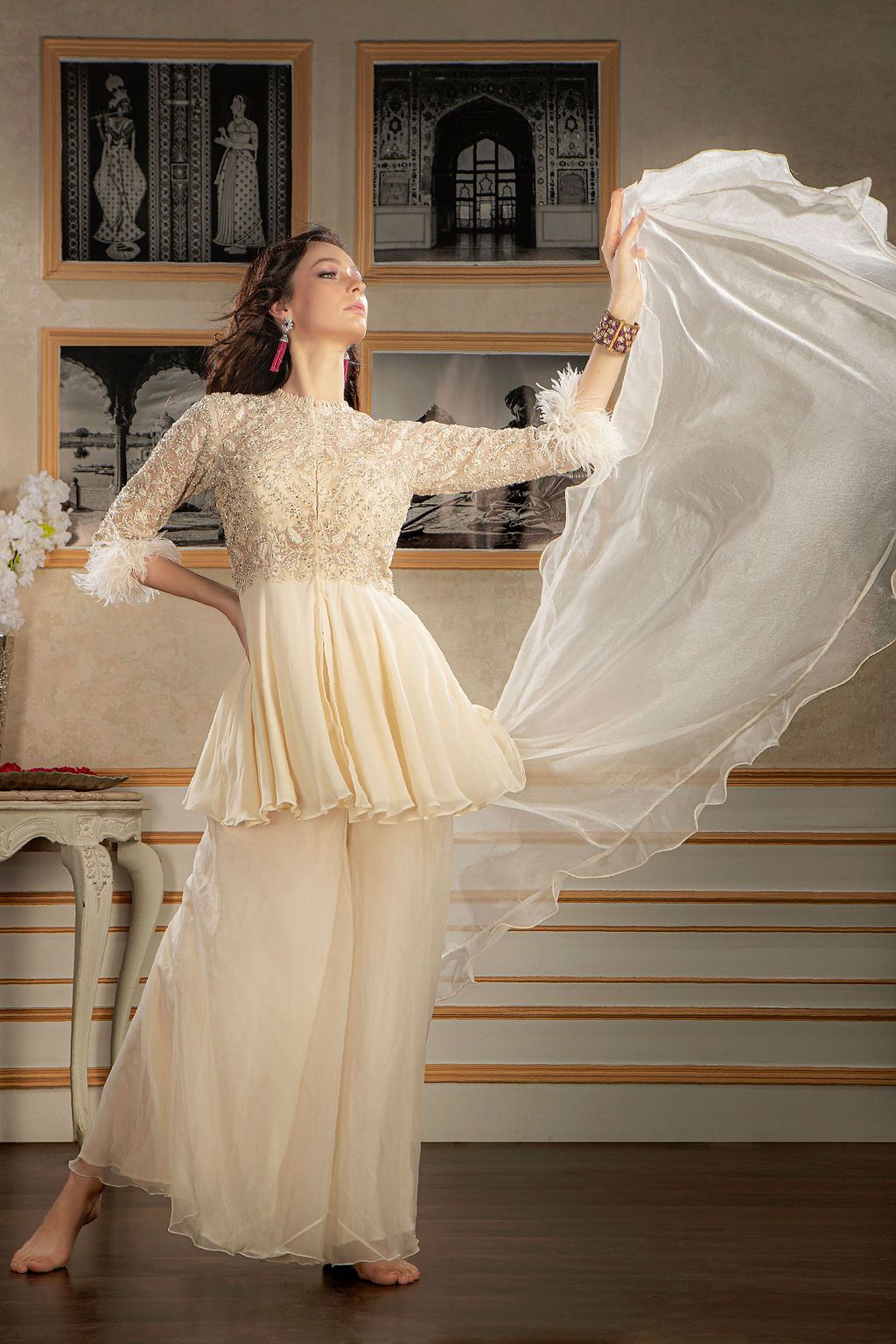 Ivory embroidered Peplum with Plazo
