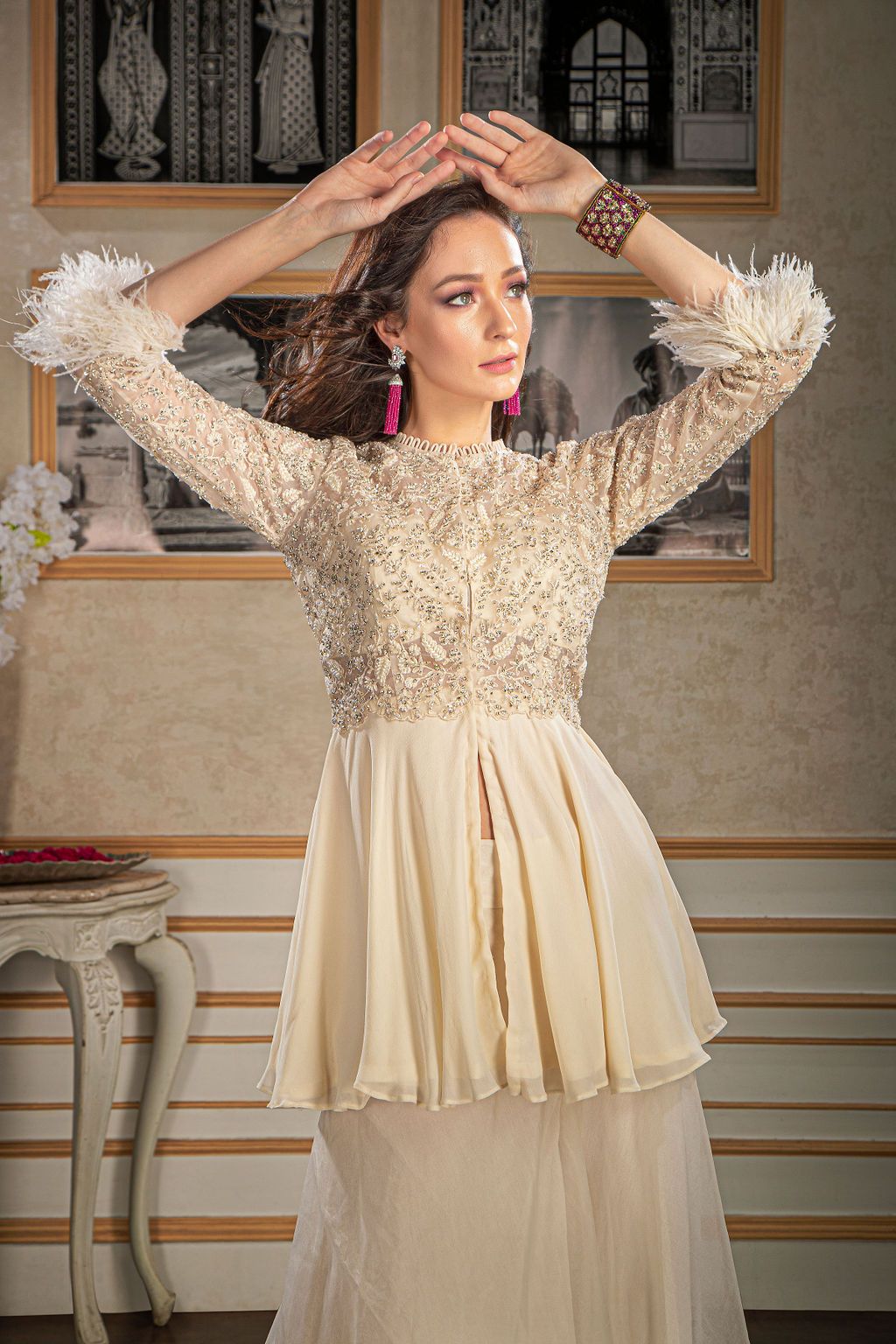 Ivory embroidered Peplum with Plazo