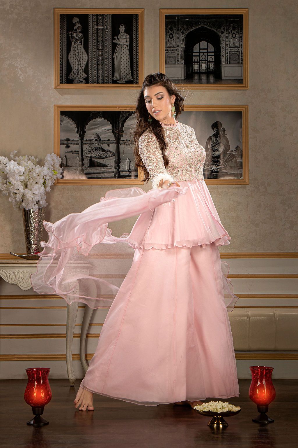 Pink Embroidered Peplum with Plazo
