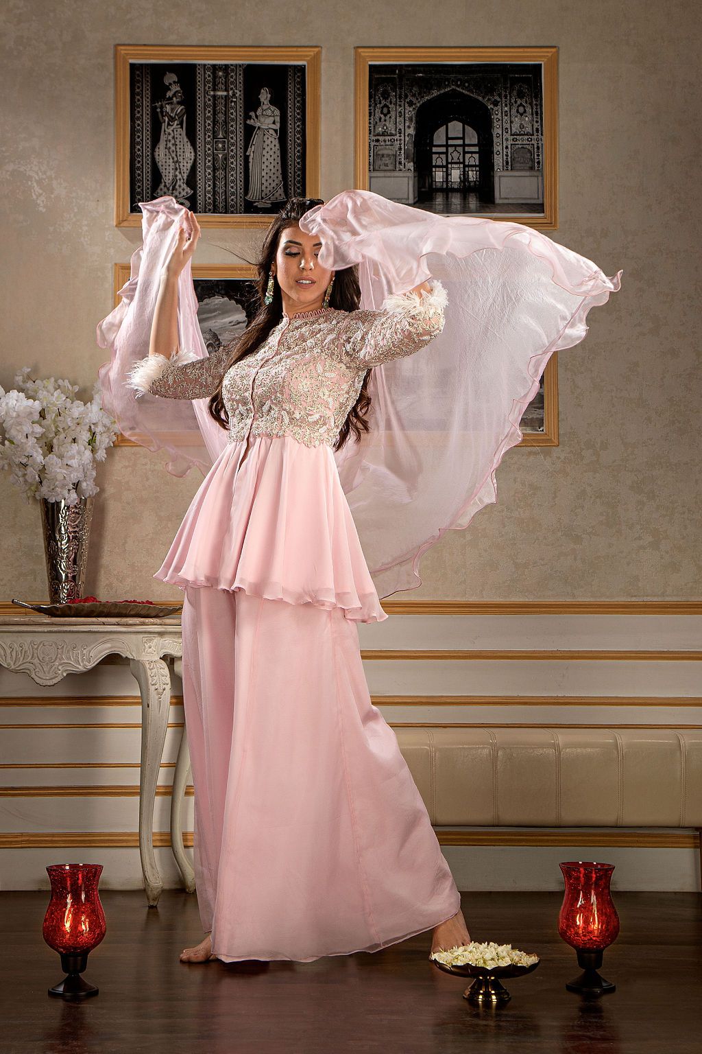 Pink Embroidered Peplum with Plazo