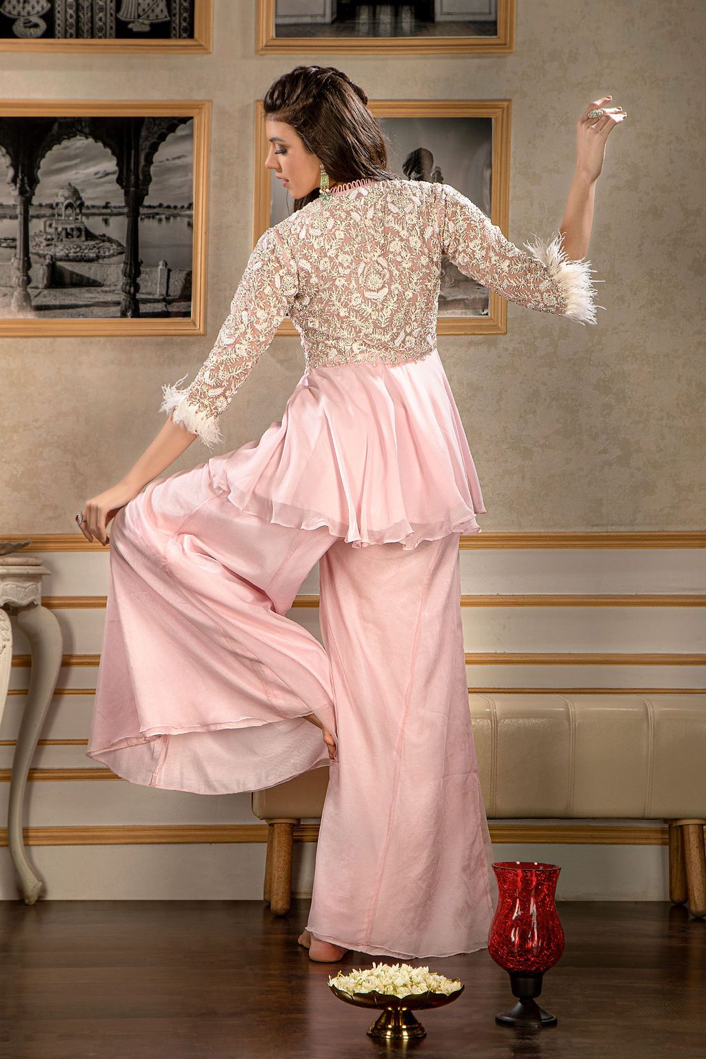 Pink Embroidered Peplum with Plazo