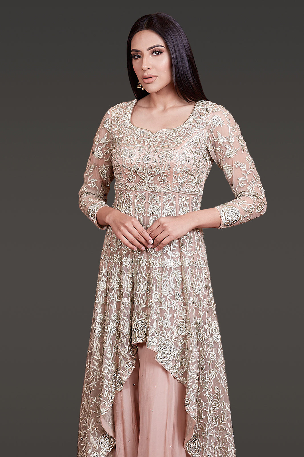 Nude Colour High Low Peplum, Sharara and Dupatta with Zari Work