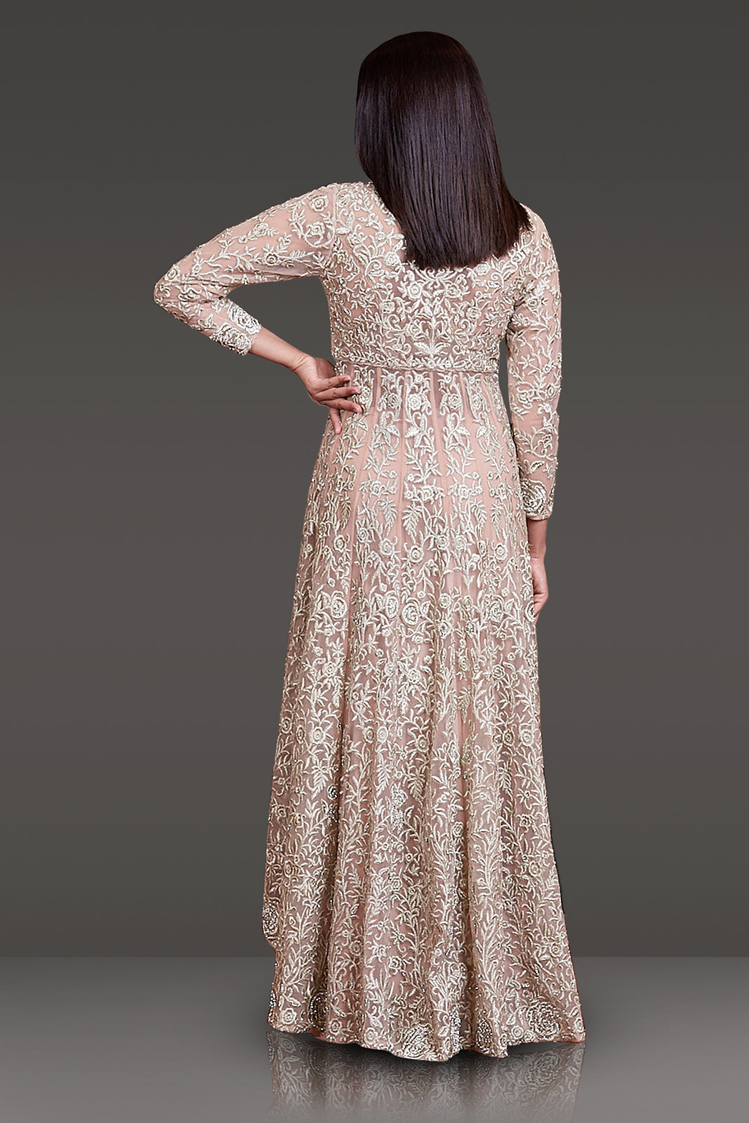 Nude Colour High Low Peplum, Sharara and Dupatta with Zari Work