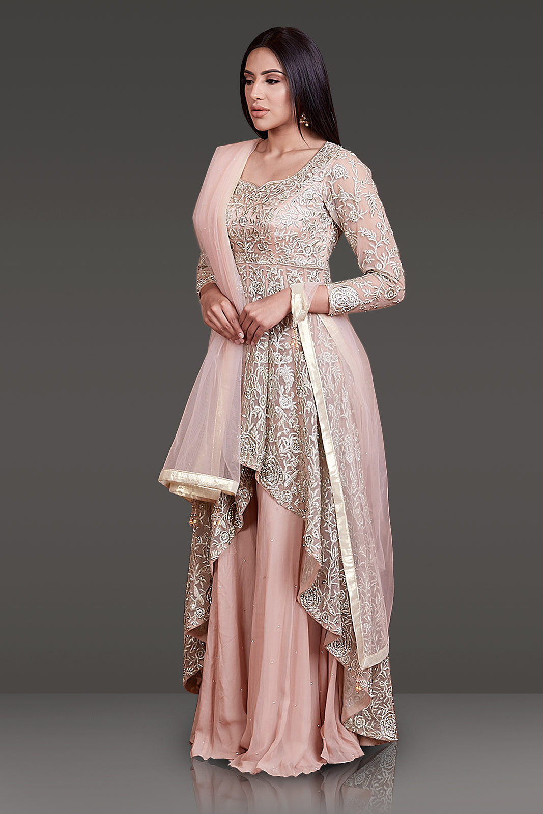 Nude Colour High Low Peplum, Sharara and Dupatta with Zari Work