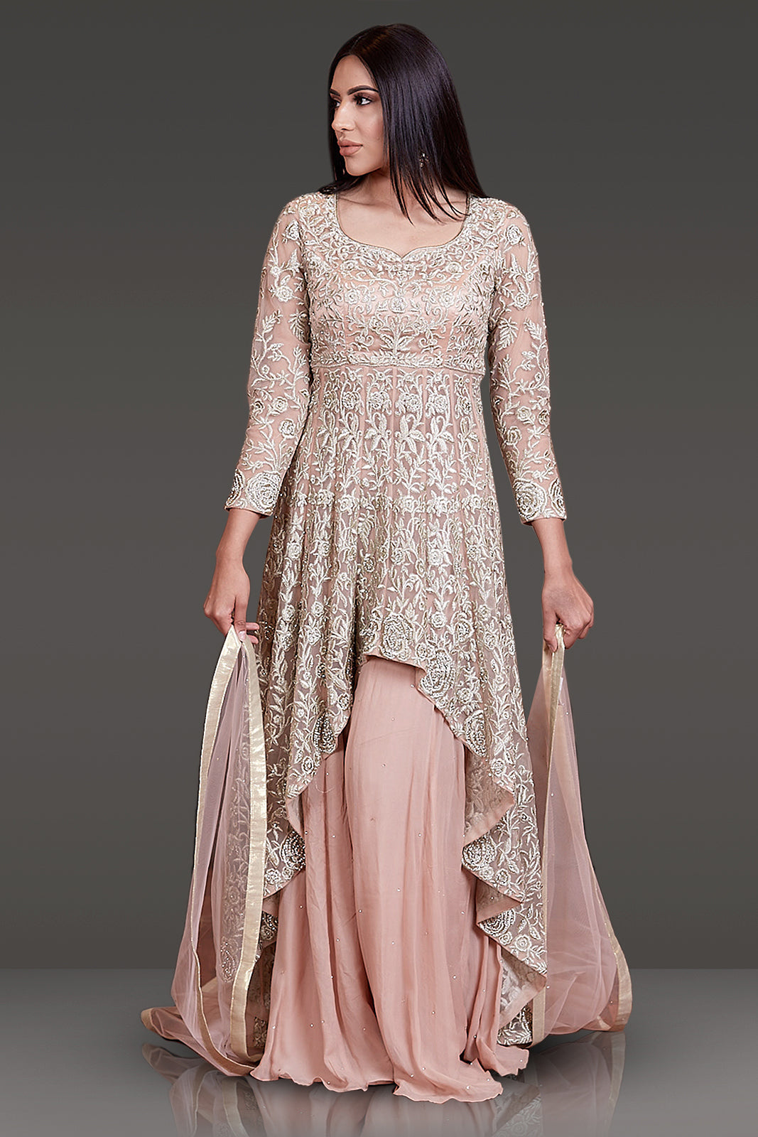 Nude Colour High Low Peplum, Sharara and Dupatta with Zari Work