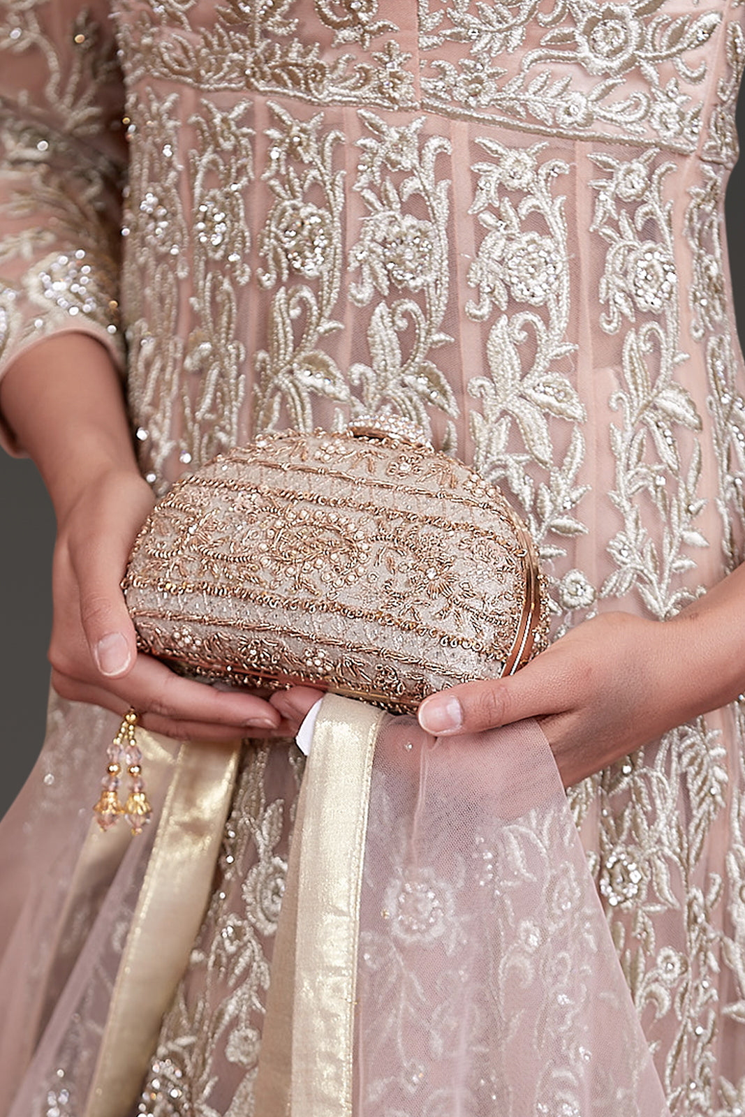 Nude Colour High Low Peplum, Sharara and Dupatta with Zari Work