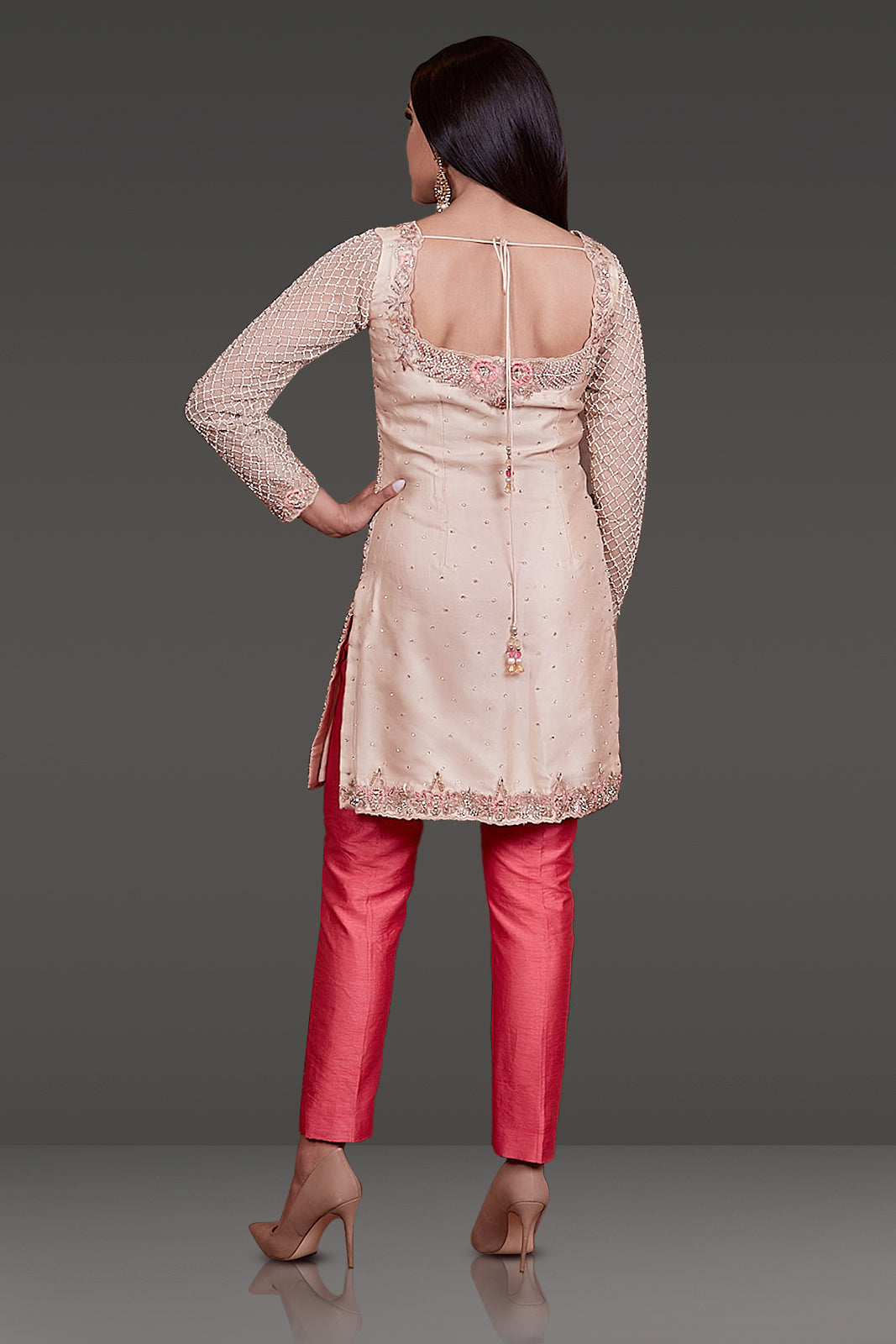 HEAVY EMBROIDERED KAMEEZ CONTRAST WITH RAW SILK PANTS PAIRED WITH NET DUPATTA