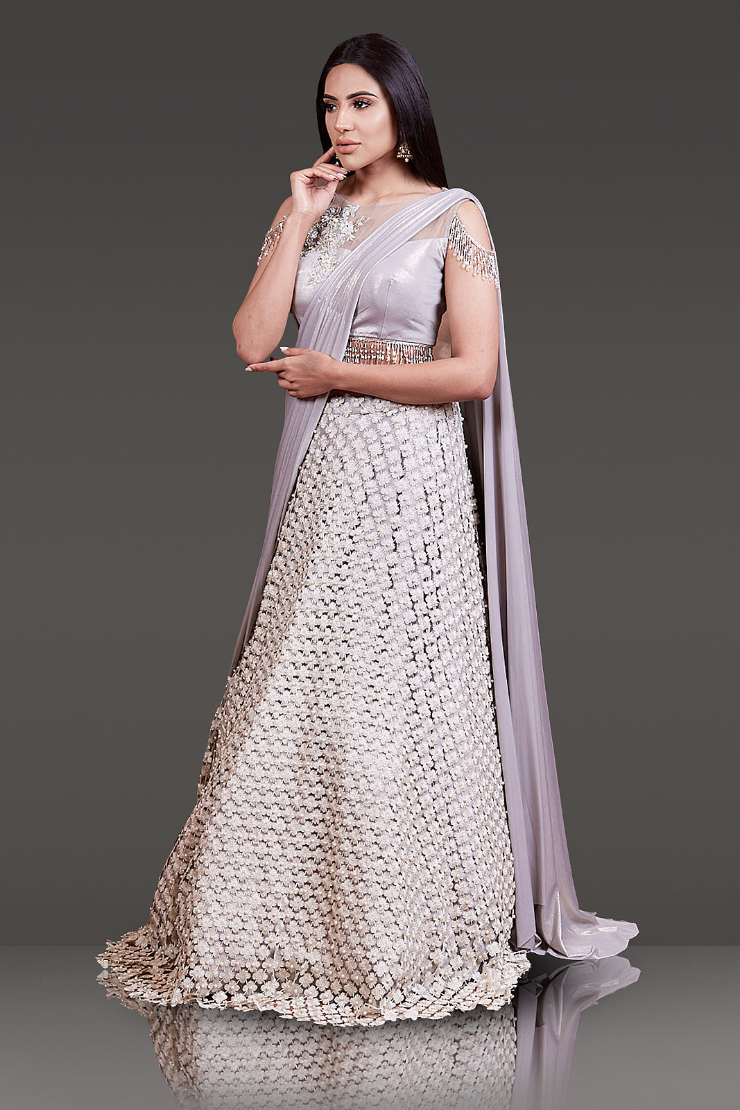 Hand Embroidered top with Tassels, Floral Laser Cut Skirt and Lycra Dupatta