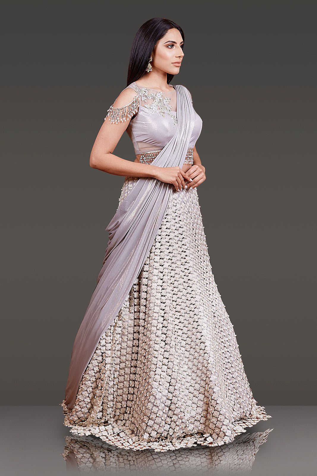 Hand Embroidered top with Tassels, Floral Laser Cut Skirt and Lycra Dupatta