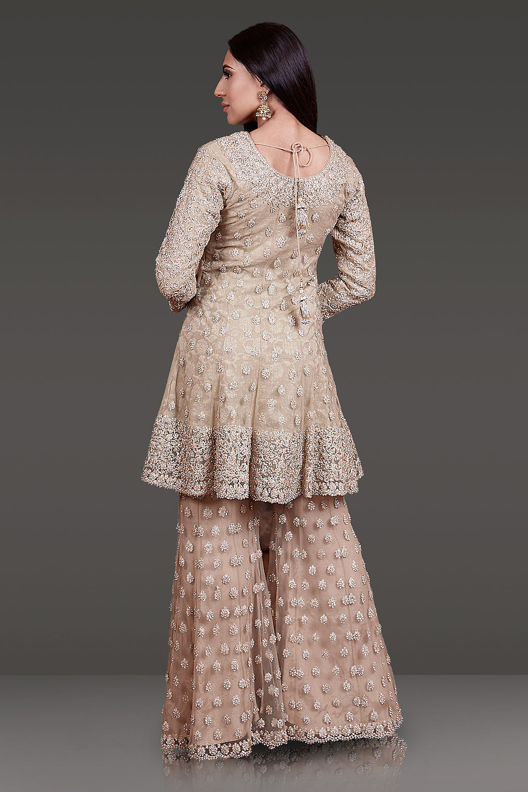 Gold Colour Tone-to-Tone embroidered Net Kameez with Sharara and Dupatta