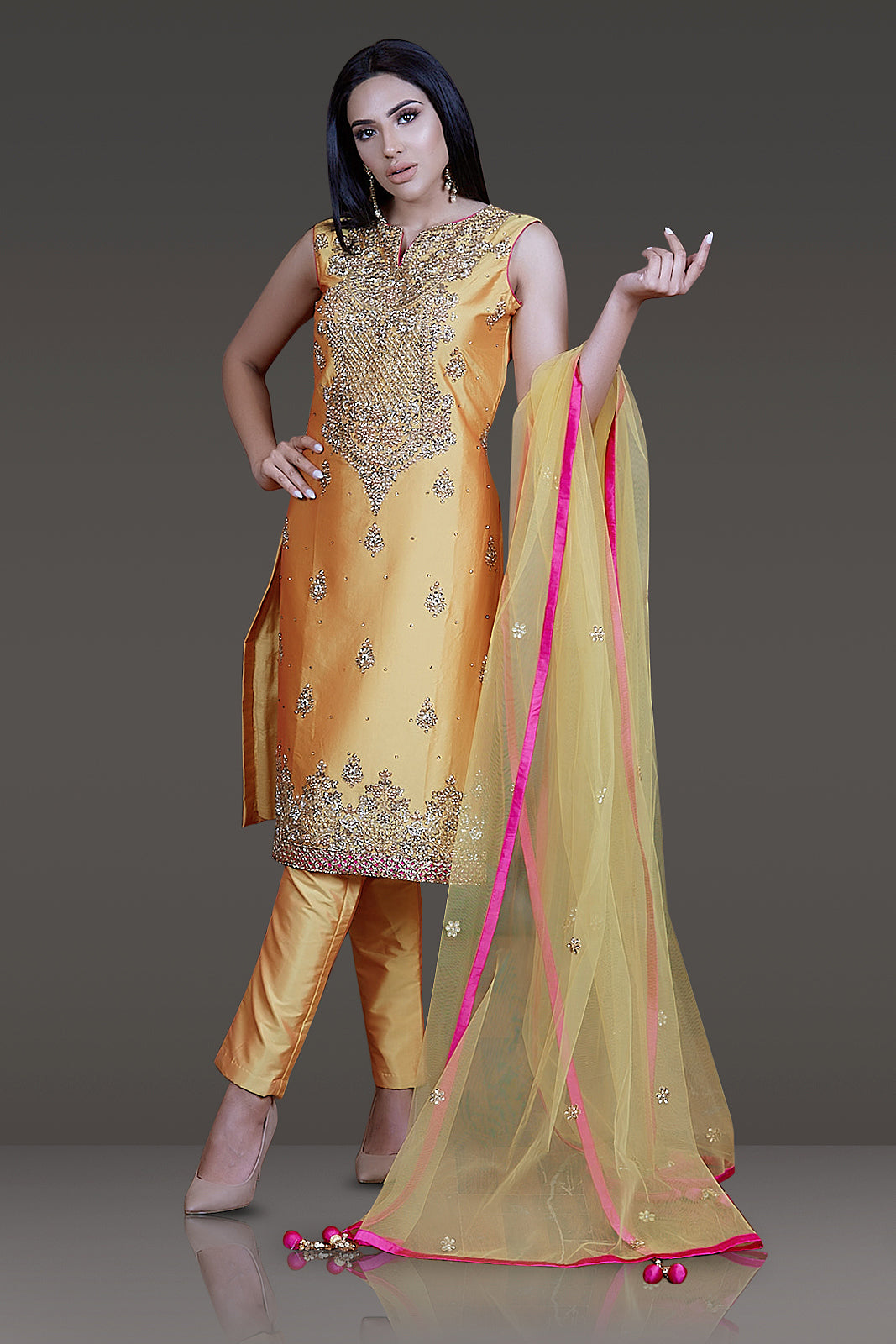 Mustard Yellow Taffeta Silk Kameez Suit with PANTS and Dupatta