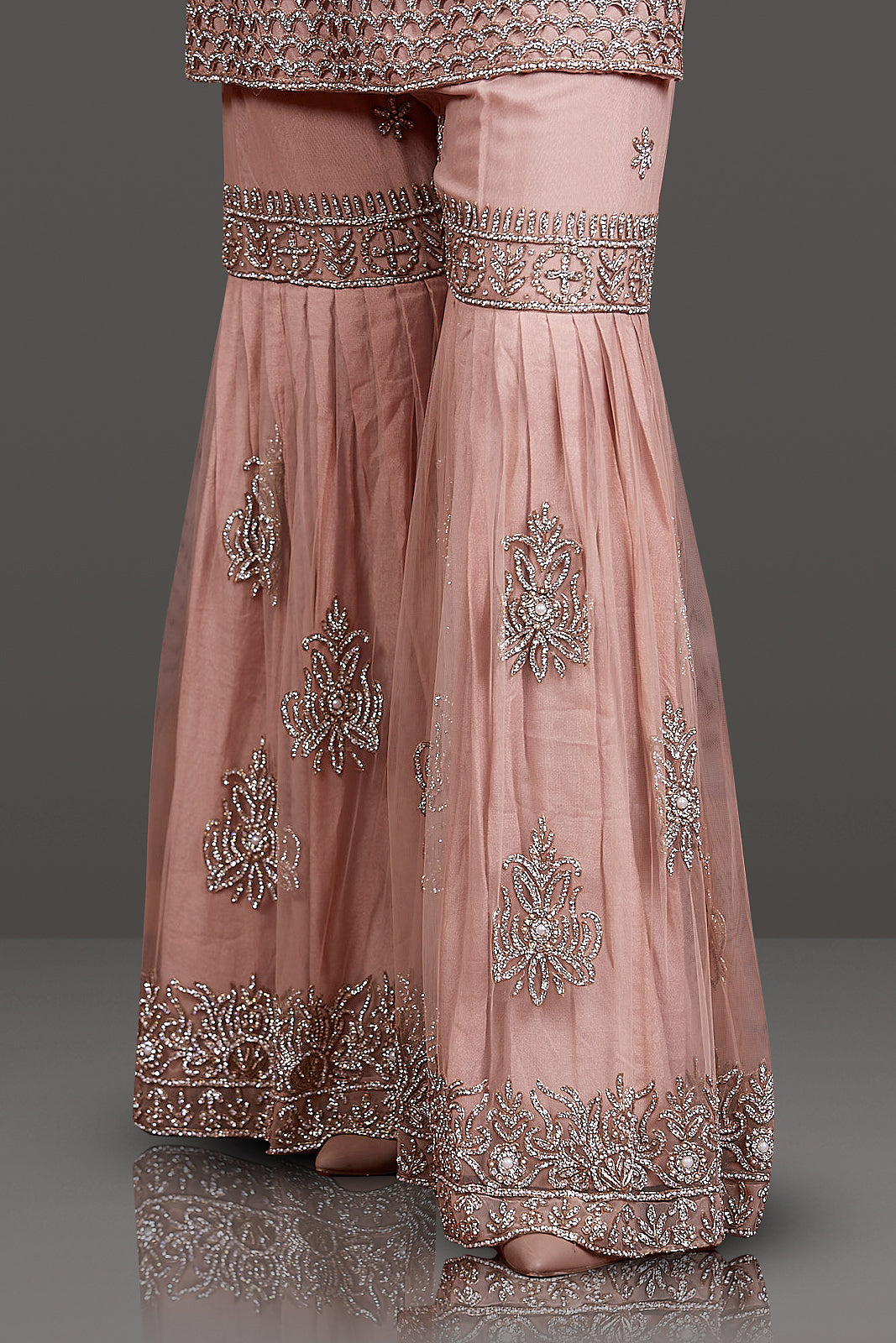 Dark Nude Kameez with Zarkan Embroidery and Cutwork, Net Sharara and Dupatta