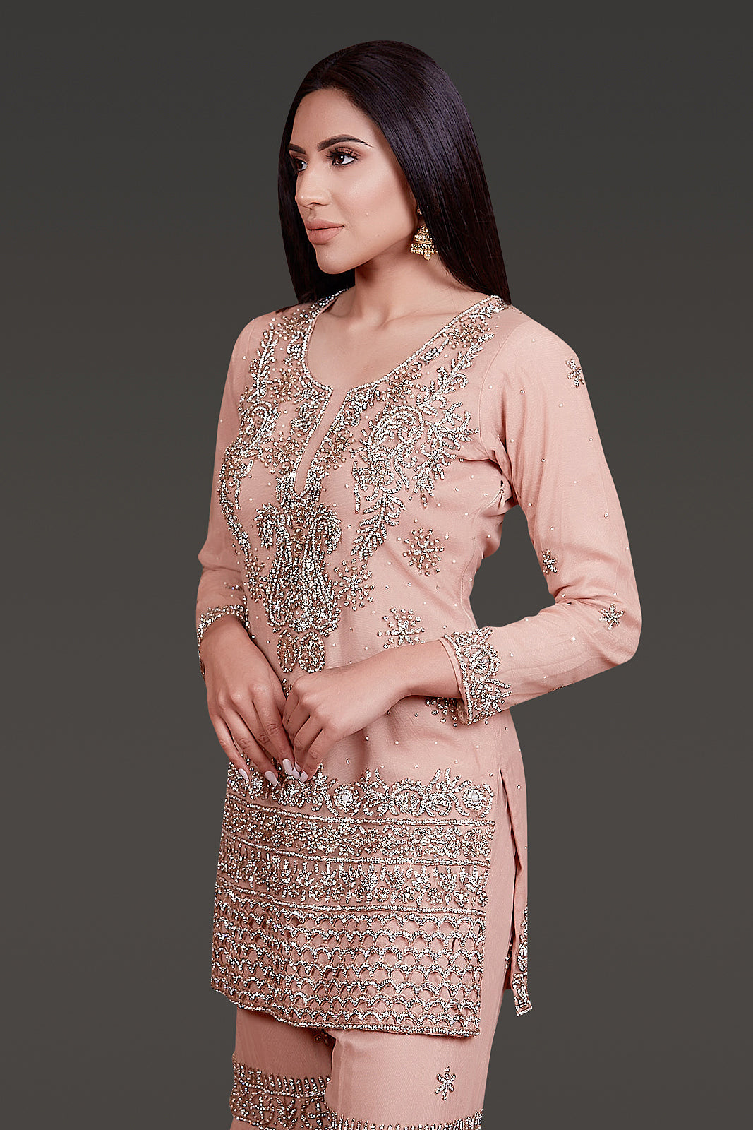 Dark Nude Kameez with Zarkan Embroidery and Cutwork, Net Sharara and Dupatta