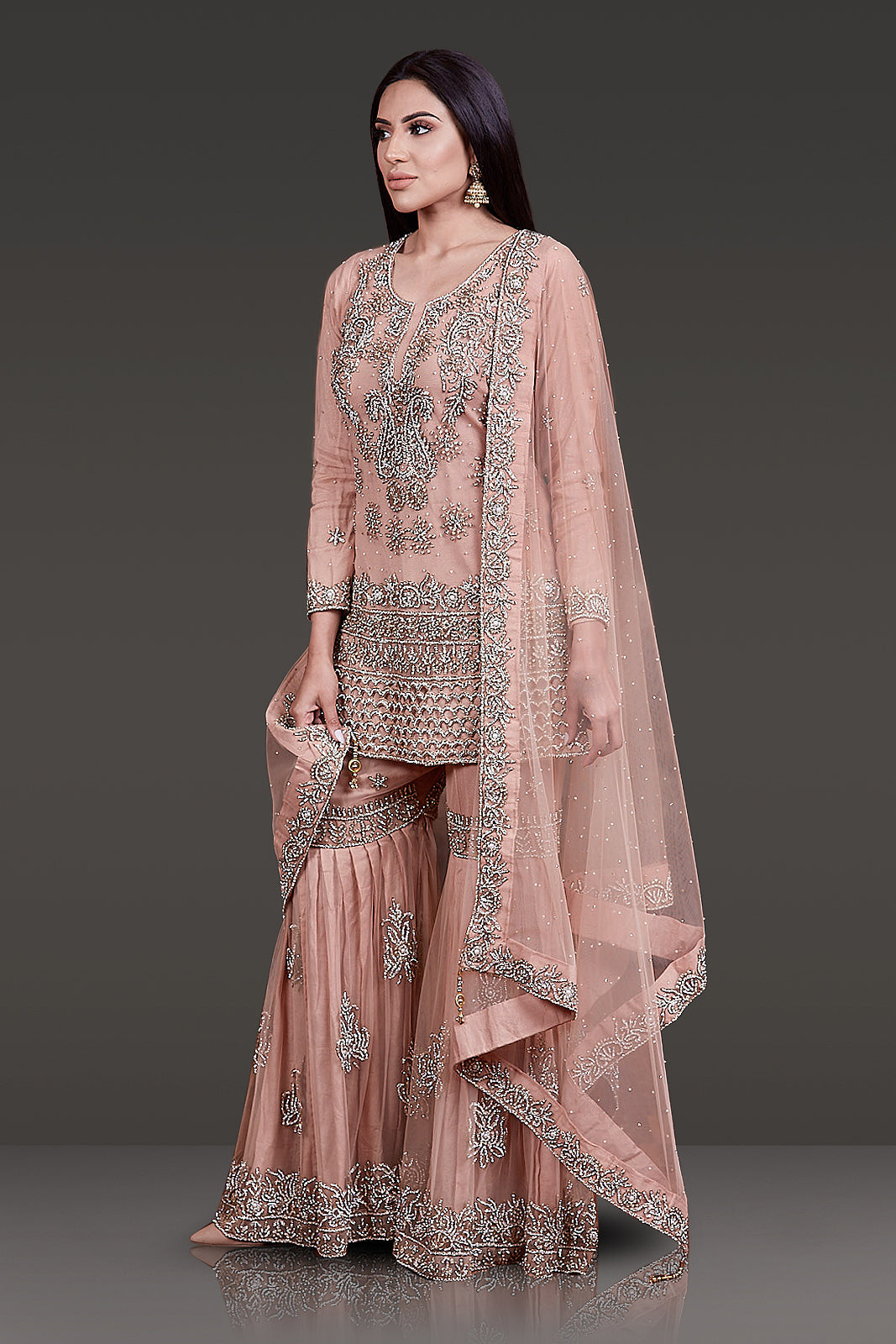 Dark Nude Kameez with Zarkan Embroidery and Cutwork, Net Sharara and Dupatta