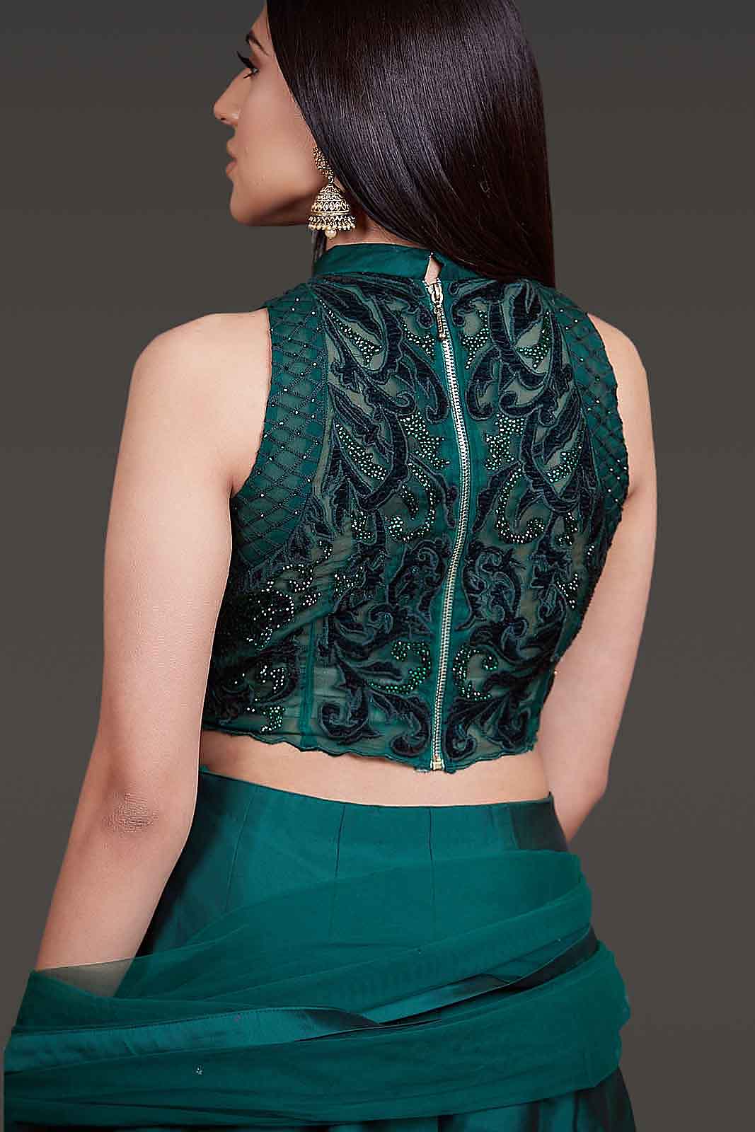 Velvet Laser Cut Emerald Green Crop Top With Tafta Silk Bottle Green Skirt