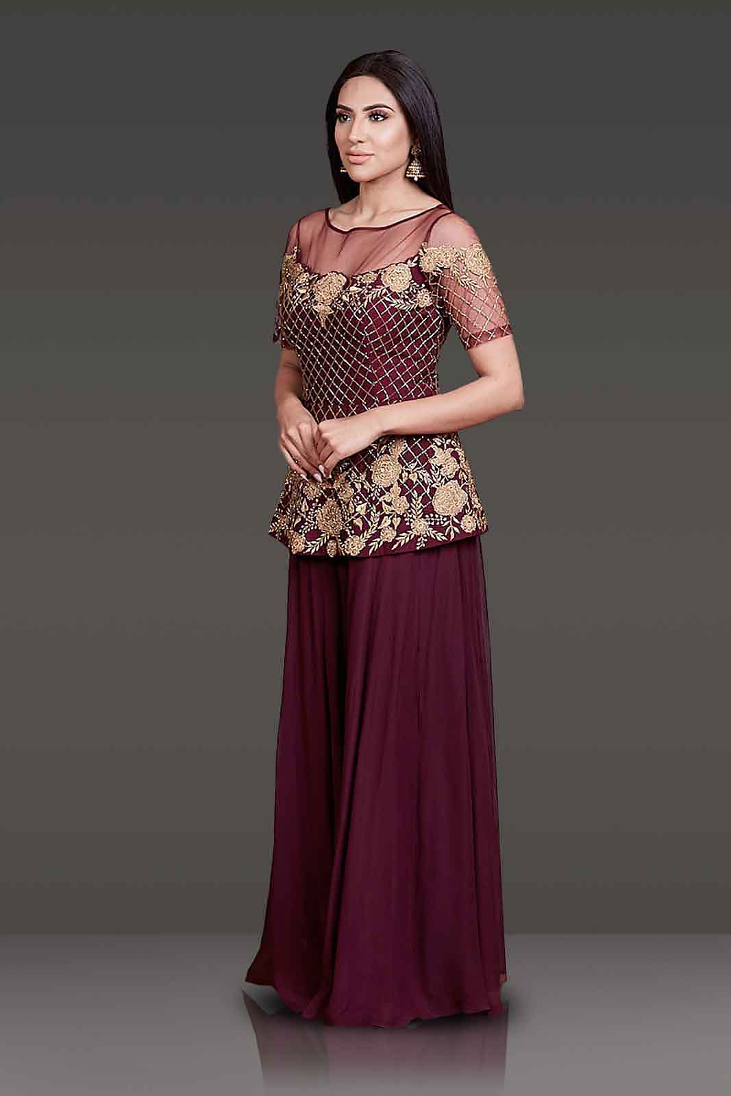 Burgundy Peplum with Sharara Paired With Net Scarf